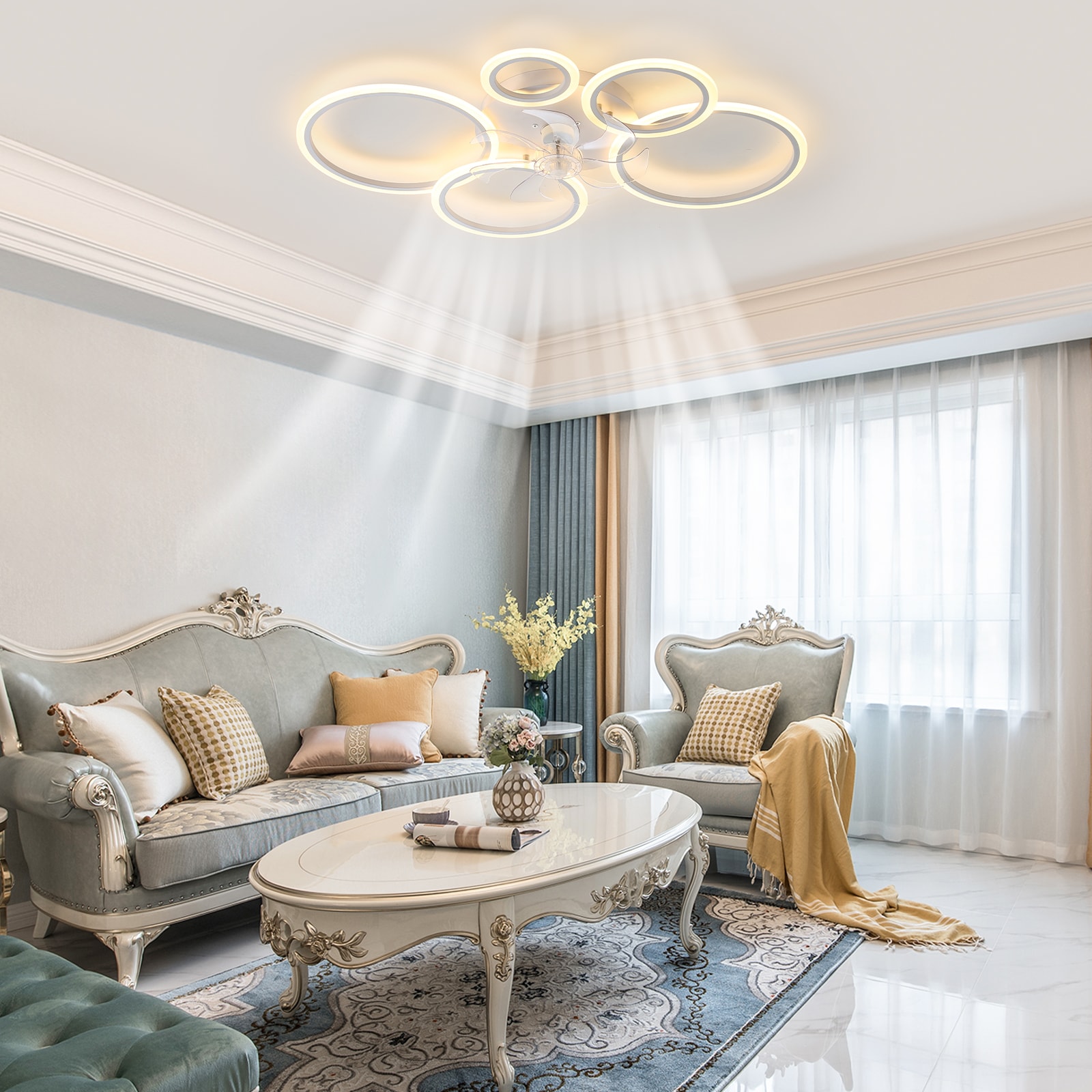 Bayfeve BFGBK-20208-CF 39-in Color-Changing Integrated LED Outdoor Flush Mount Smart White with Transparent Blades Fandelier Ceiling Fan With Light - Remote Included ( 7 -Blade )