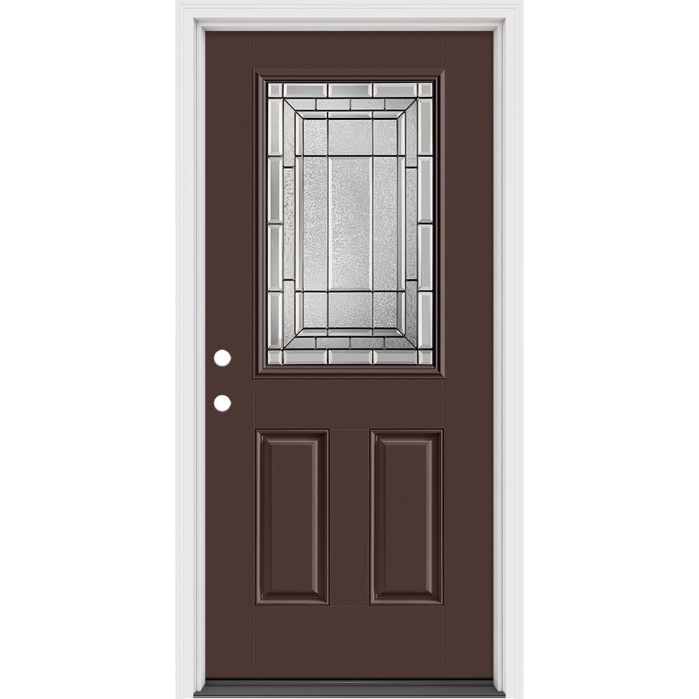 Masonite 631507 Sequence 36-in x 80-in x 4-9/16-in Fiberglass Half lite Right-hand inswing Chocolate Painted Prehung Front Door with Brickmould Insulating core