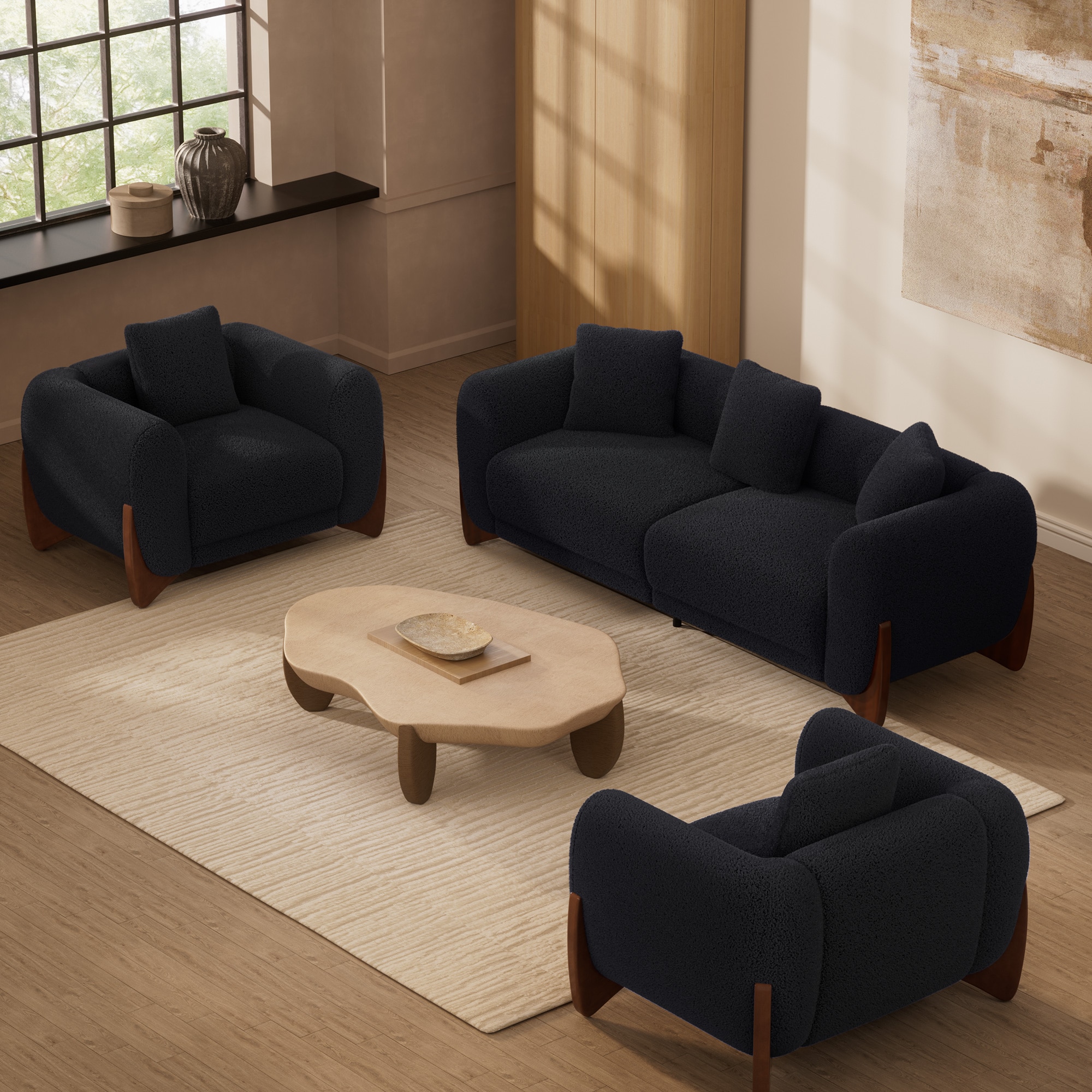 FARATI CLOUD Modern 3 -Piece Polyester/Polyester blend Black Living Room Set
