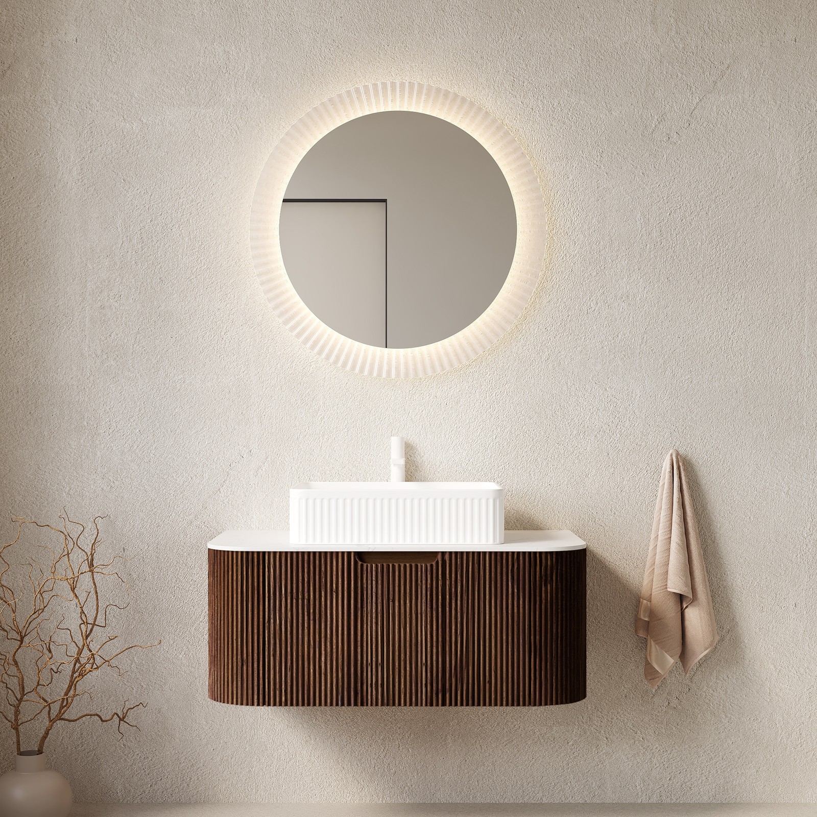 LIVACA - 36 inch Dark Walnut Wall-Mounted Floating Bathroom Vanity with White Rectangular Ceramic...