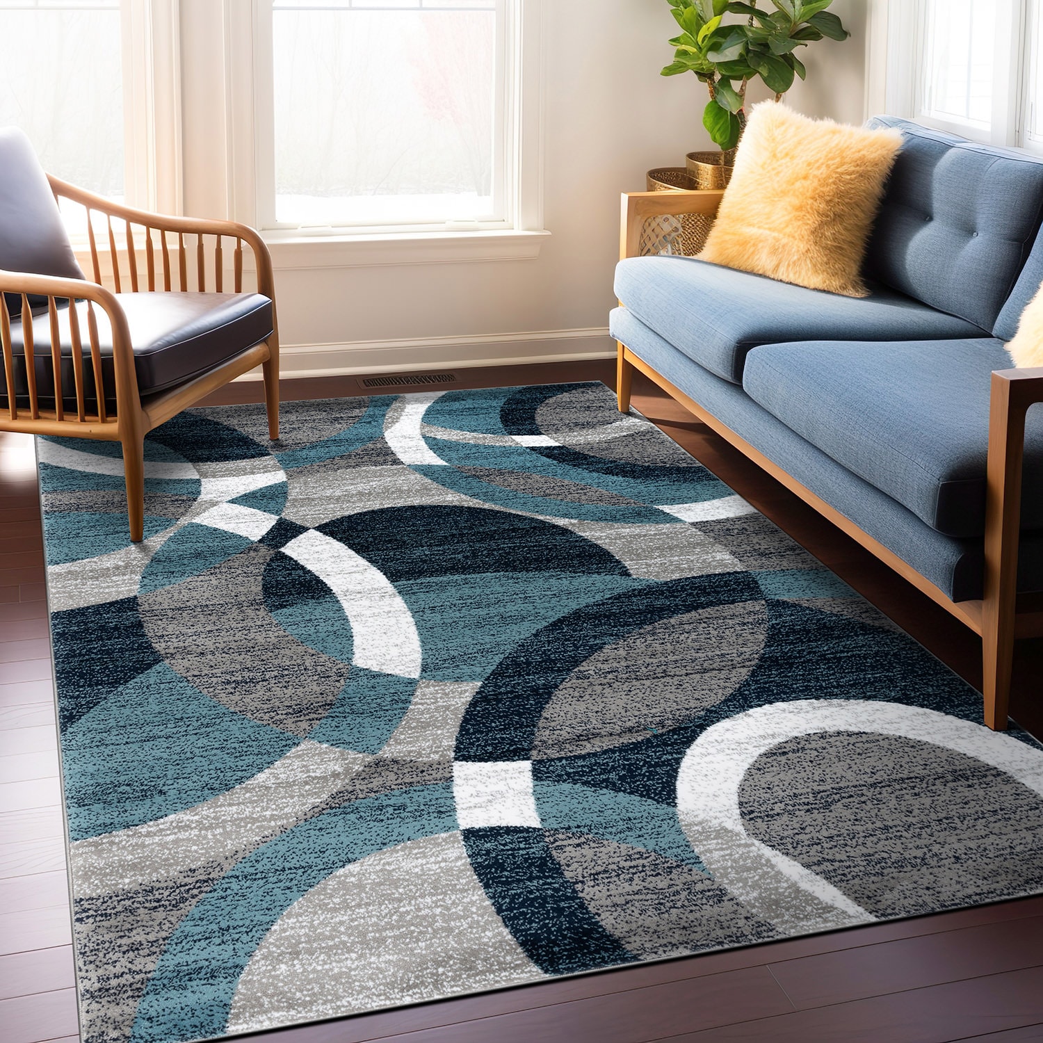 Blue and Gray Abstract Geometric 6'6" Round Rug