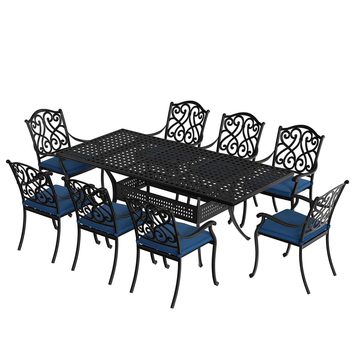 Mondawe MO-LDS6080DS-BU 9 -Piece Black Patio Dining Set Extendable Table Aluminum Rectangle Table with 8 Blue Cushions Stackable Stationary Chairs