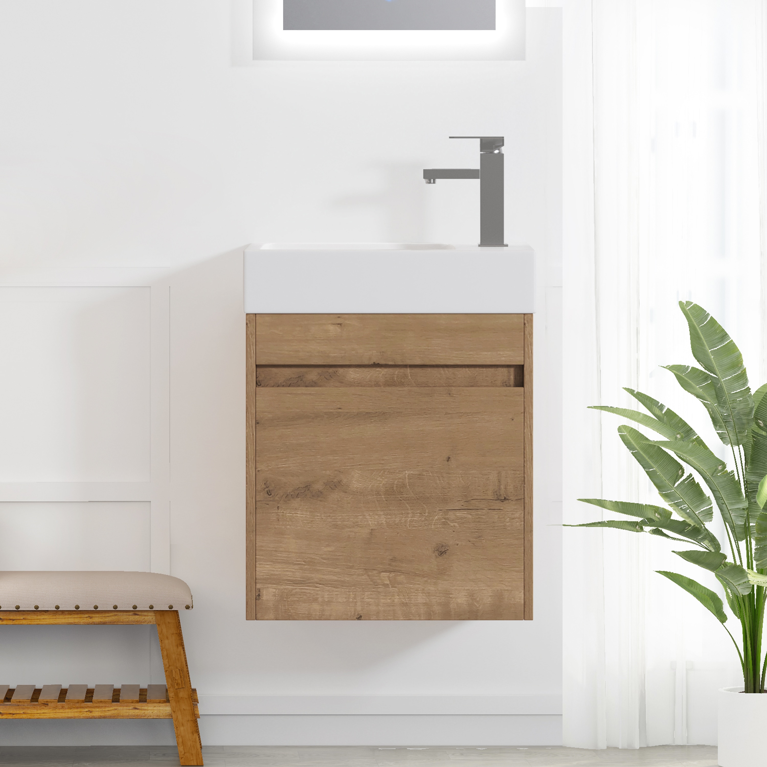 Vynxaria - 18-in Imitative Oak Single-Sink Wall-mount Bathroom Vanity Plywood Cabinet with Compos...