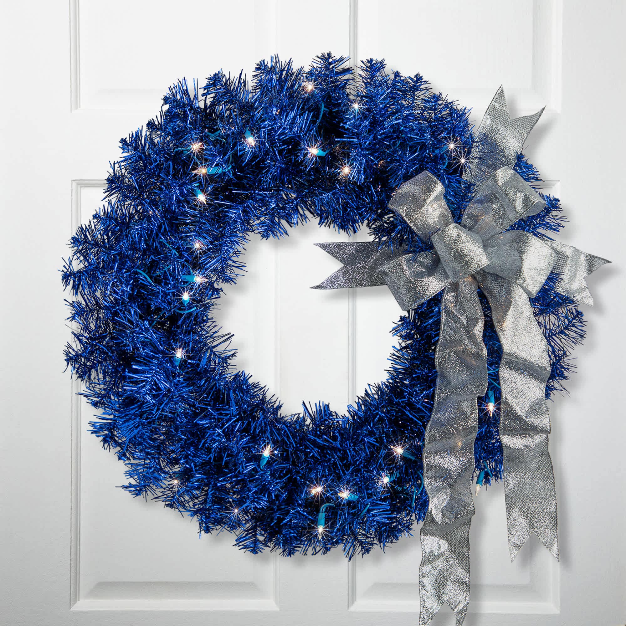 Northlight Pre-Lit Artificial Tinsel Christmas Wreath - 24 inch - Blue - Clear Lights