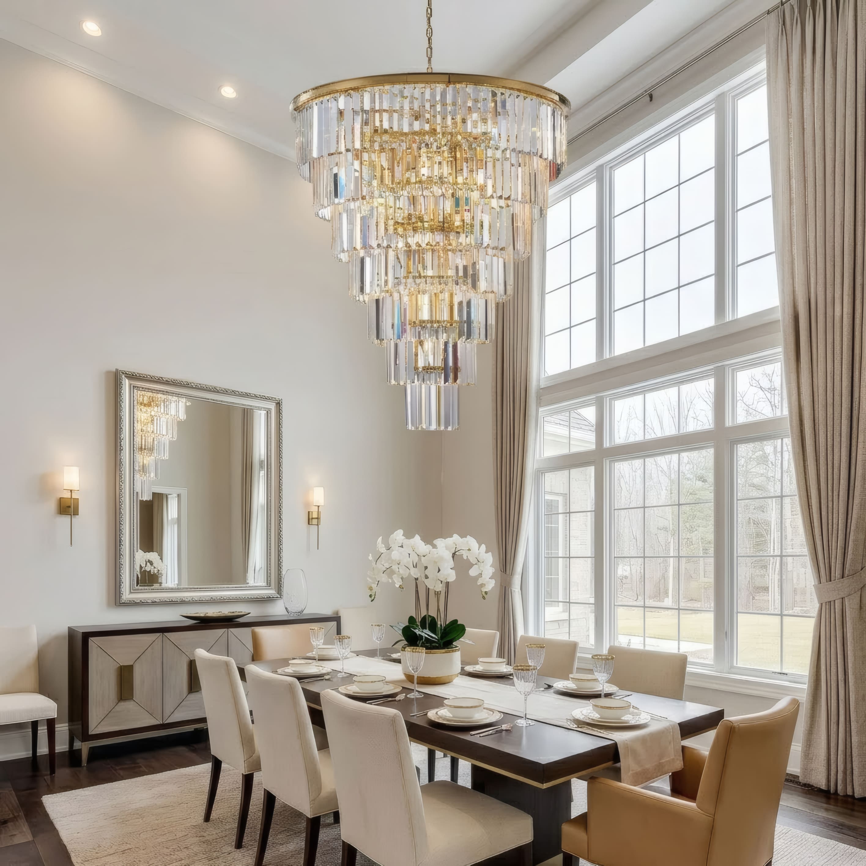 RCCFBHM 40-in Large Luxury Gold Tiered Crystal Chandelier 30 Light with 370 Crystal Rods Mirror Polished Metal Frame 79 Inch Adjustable Chain LED Bulbs Included