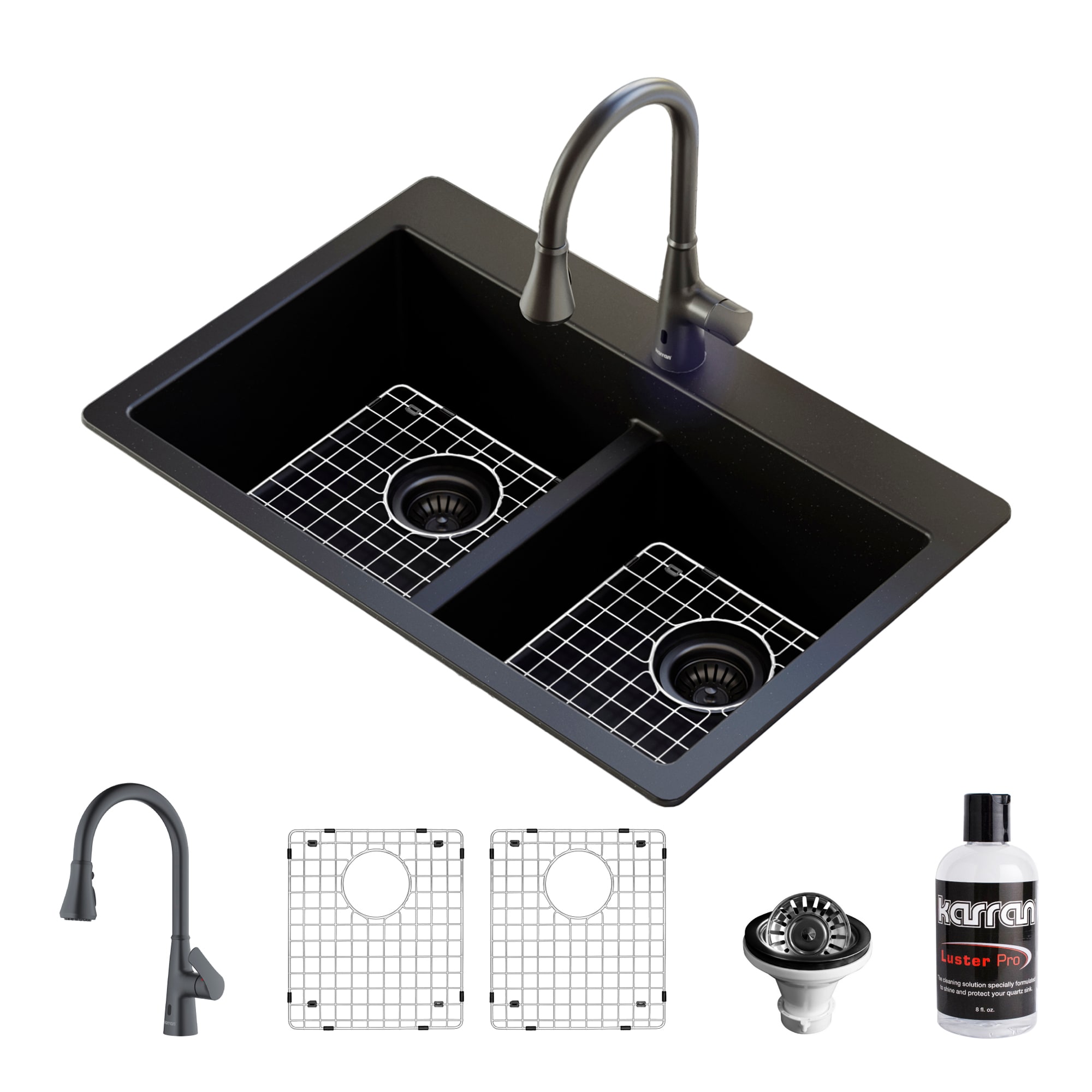 Karran QT810BLKKF340GG Drop-in 33-in x 22-in Quartz Double equal bowl 1-Hole Kitchen Sink All-in-One Kit