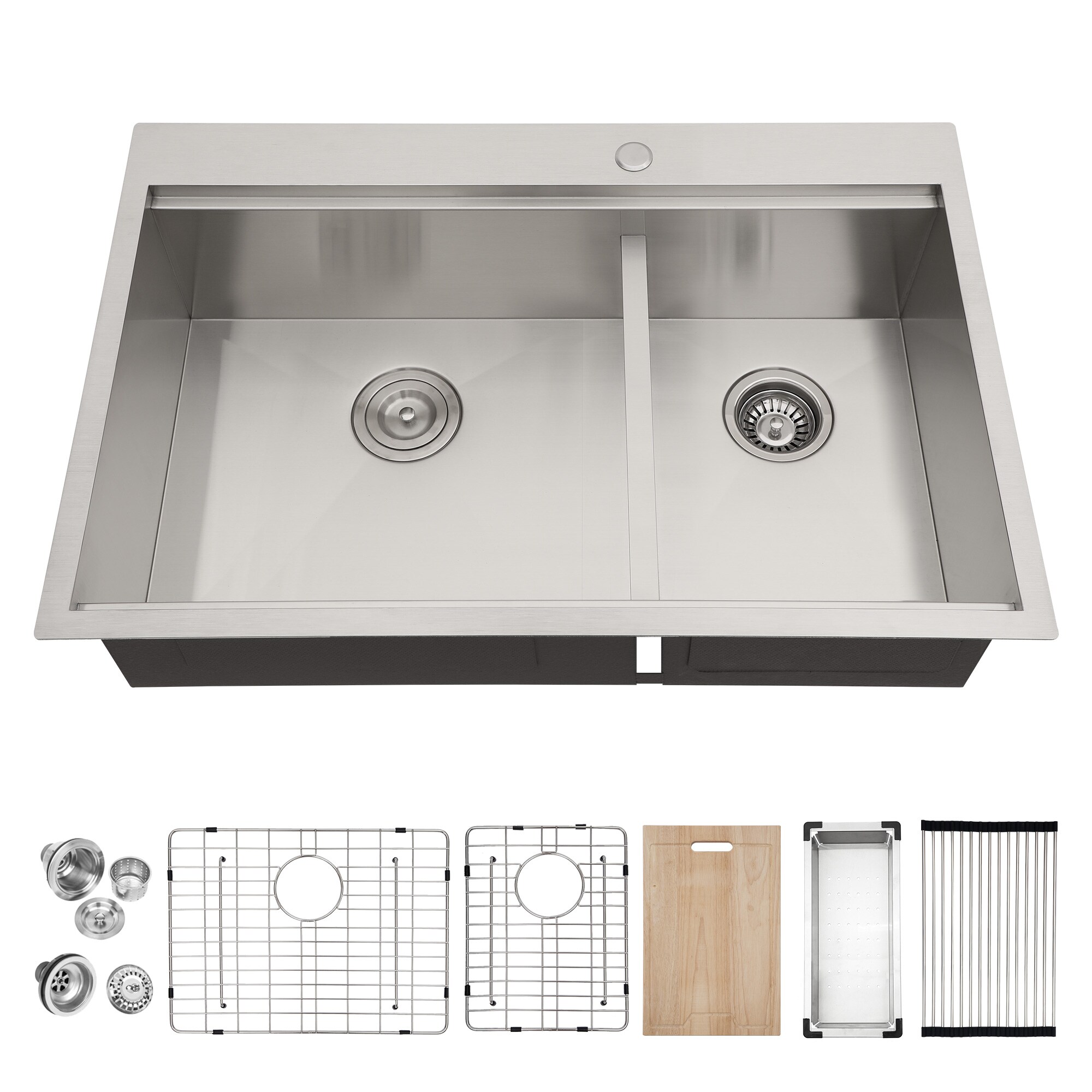KICHAE Drop-in 33-in x 22-in 16 Gauge Stainless Steel 60/40 Low Divide Double Bowl Workstation Kitchen Sink with Accessories
