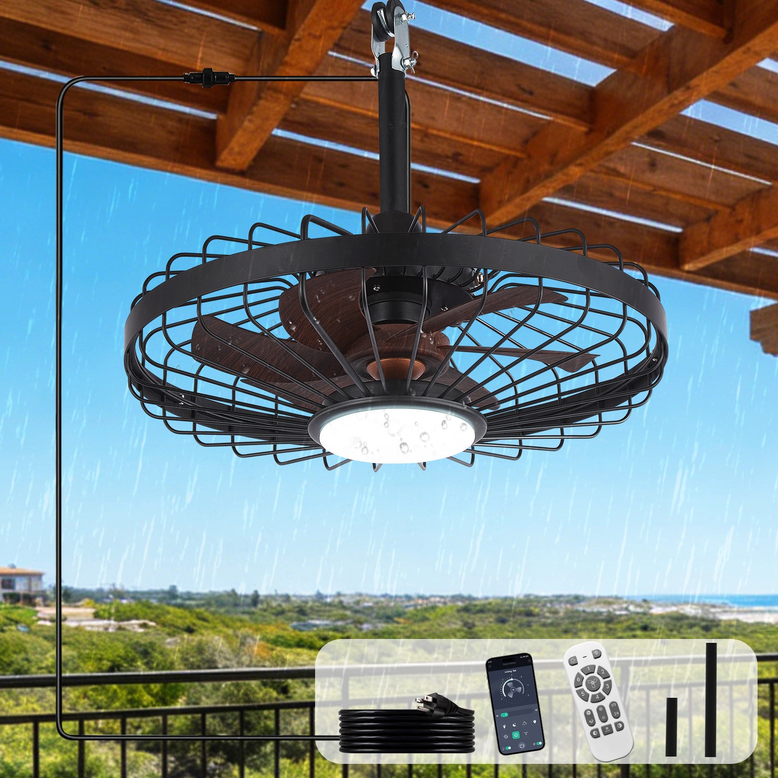 Dovanpaul 20 Inch Walnut Outdoor Waterproof Caged Ceiling Fan with Light Plug-in Dimmable Remote and App Dual Control 6-Speed for Patios Porches Gazebos