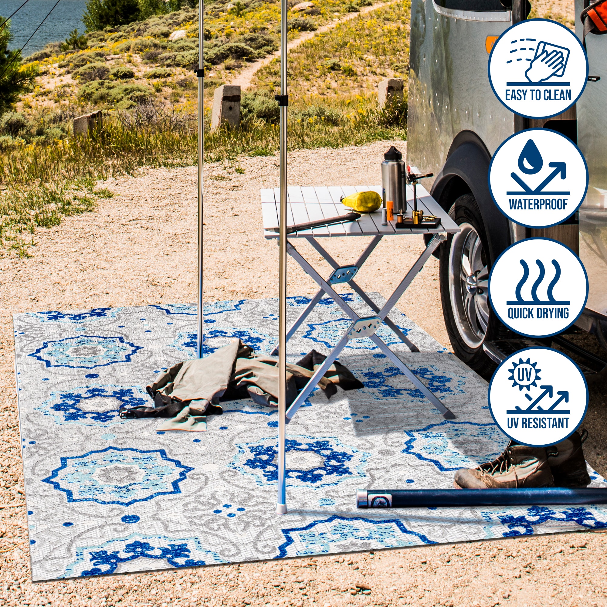 Mediterranean Blue and Gray Synthetic Medallion Rug