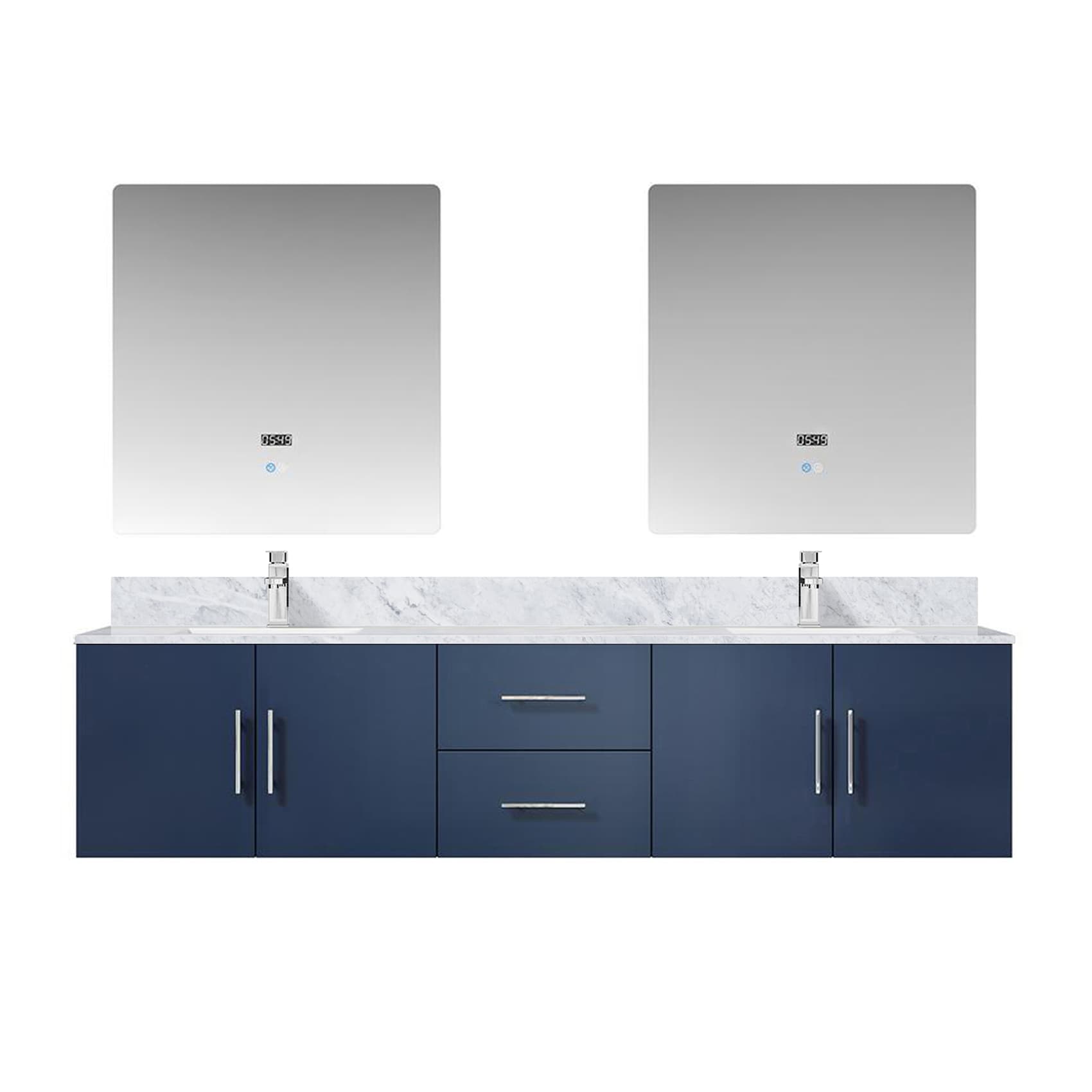 Lexora LG192280DEDSLM30F Geneva 80-in Navy Blue Undermount Double sink Bathroom Vanity with White Carrara Marble Marble Top (Mirror Included) (Faucet Included)