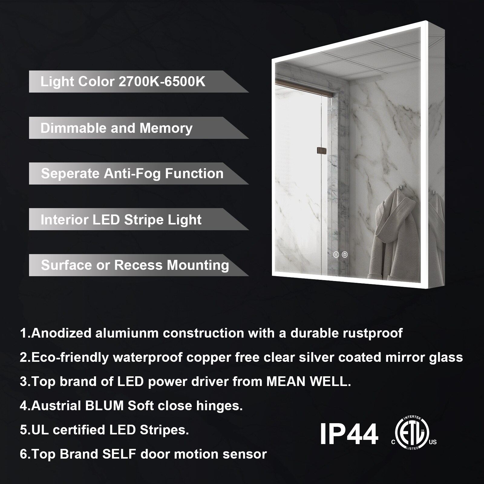 Forclover ST Modern 24-in x 30-in Lighted LED Fog Free Surface/Recessed Mount Sliver Mirrored Soft Close Medicine Cabinet with Outlet