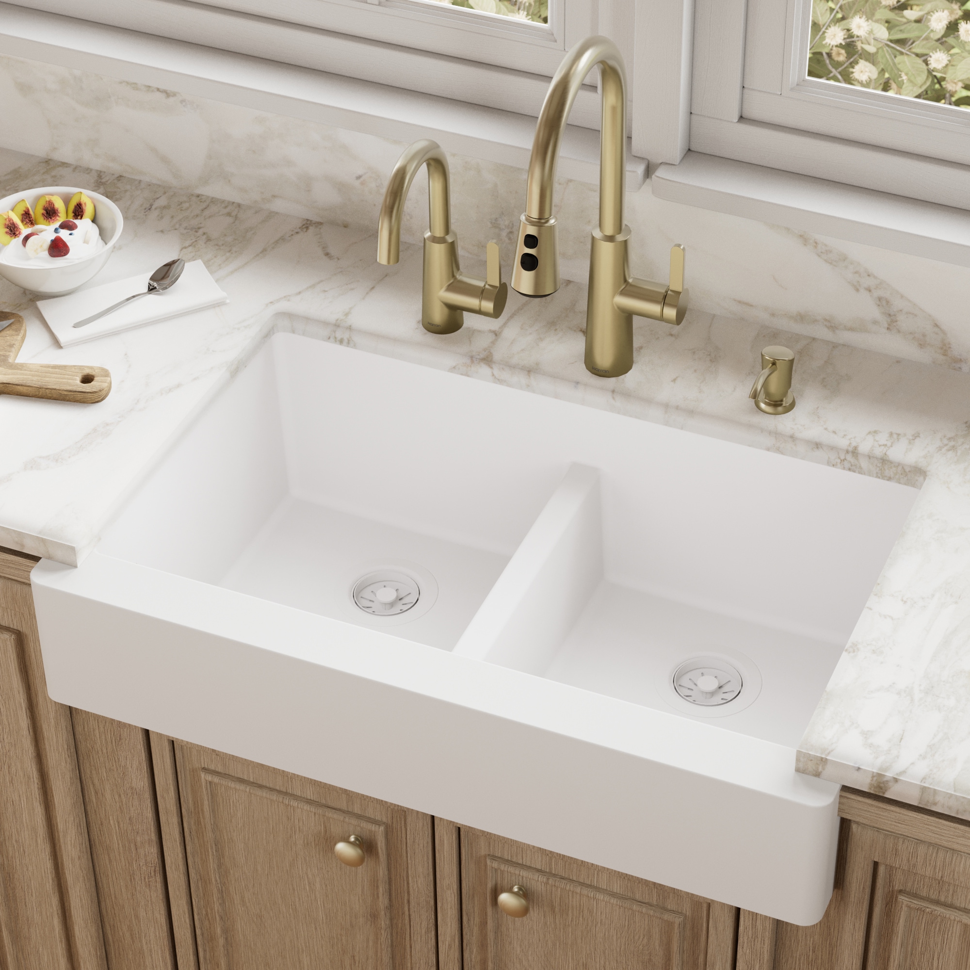 Karran QAR-750-WH Farmhouse apron front 34-in x 21.25-in Quartz Double equal bowl Kitchen Sink - Thumbnail