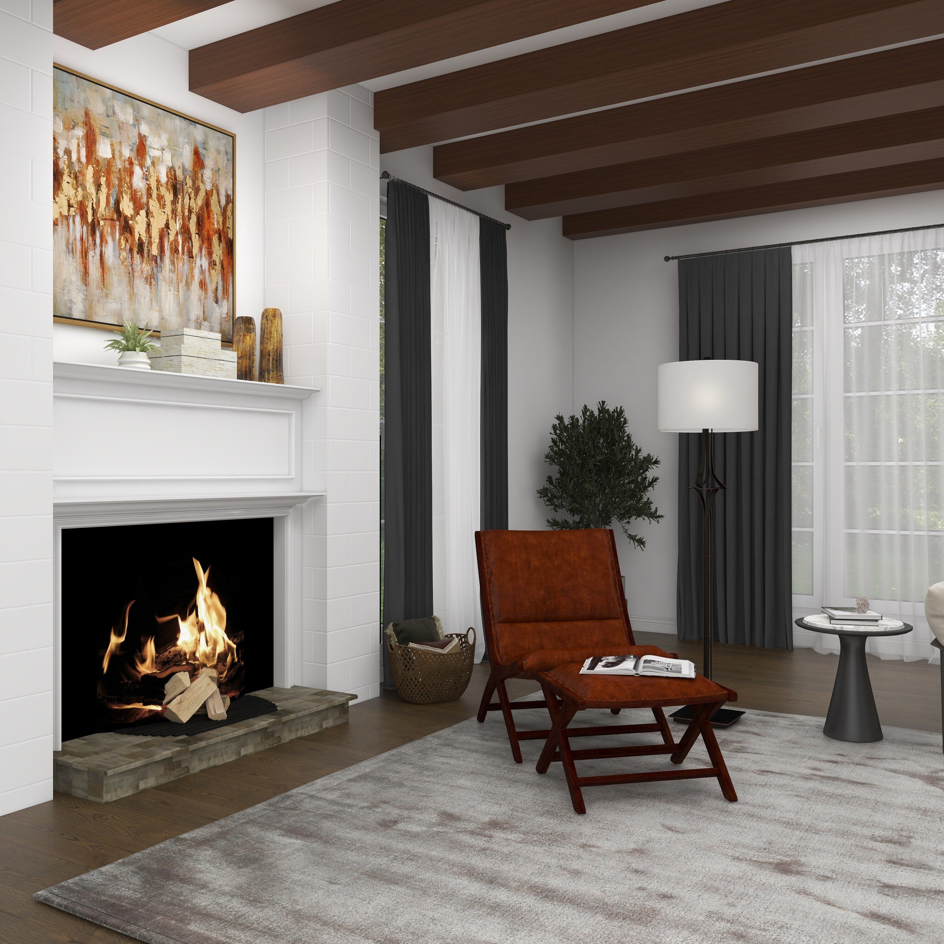 Set of 2 Brown Teak Wood Leather Accent Chairs with Ottoman