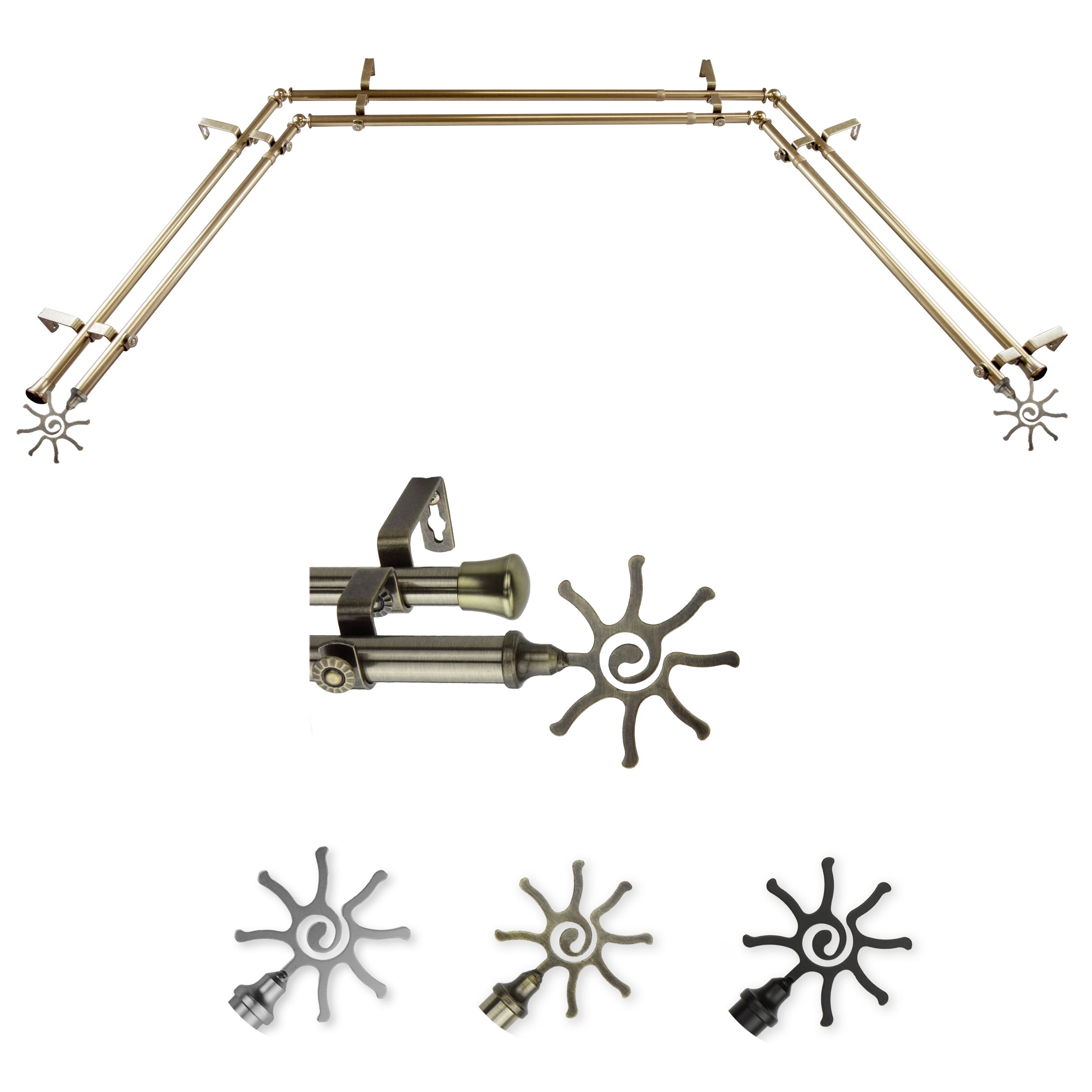 Hart & Harlow LO-ABAY-60-4D 72-in to 144-in Antique Brass Steel Bay window curtain rod with Finials
