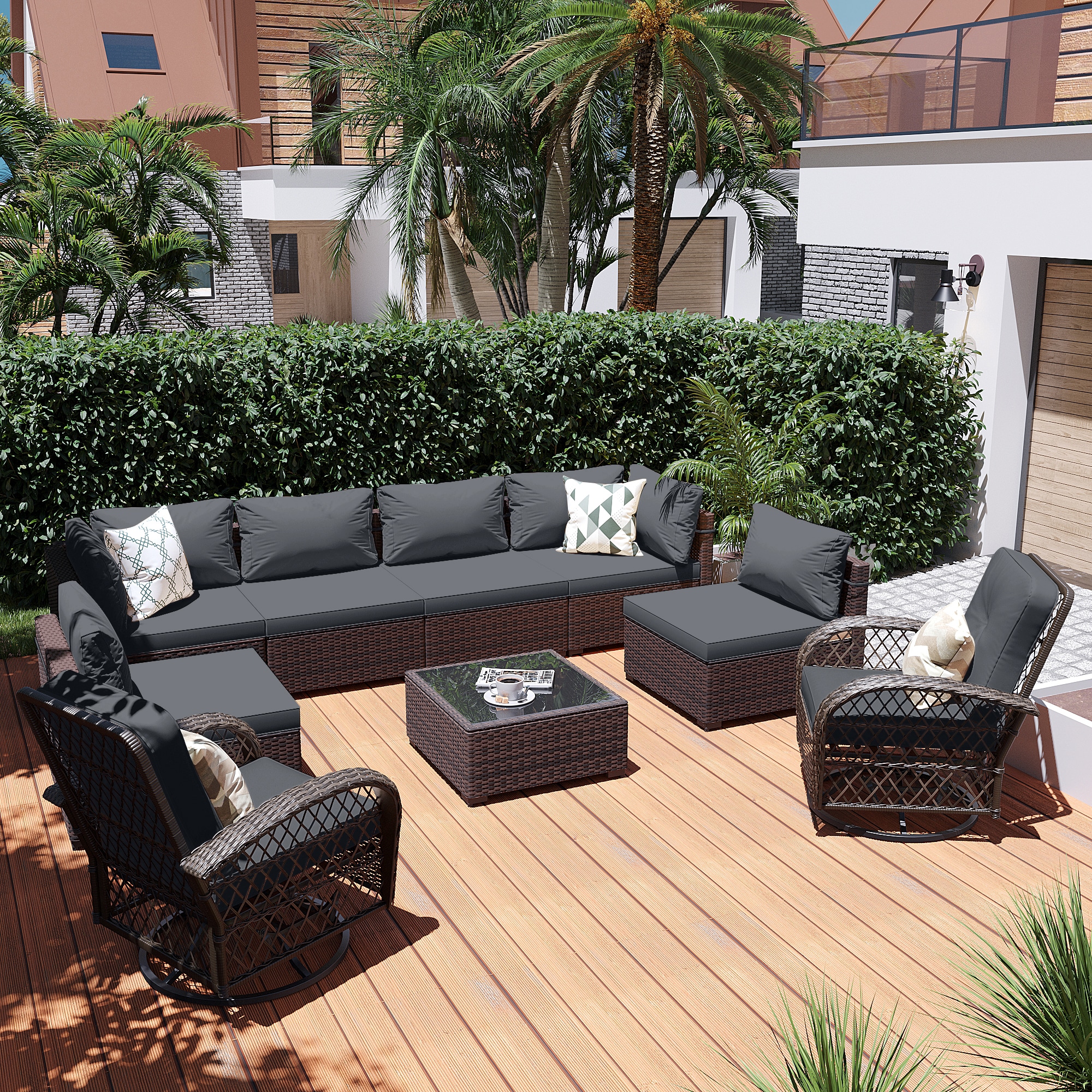 Patio Watcher LS-RT7-Y9-B3 9 -Piece Rattan Patio Conversation Set with Dark Gray Cushions