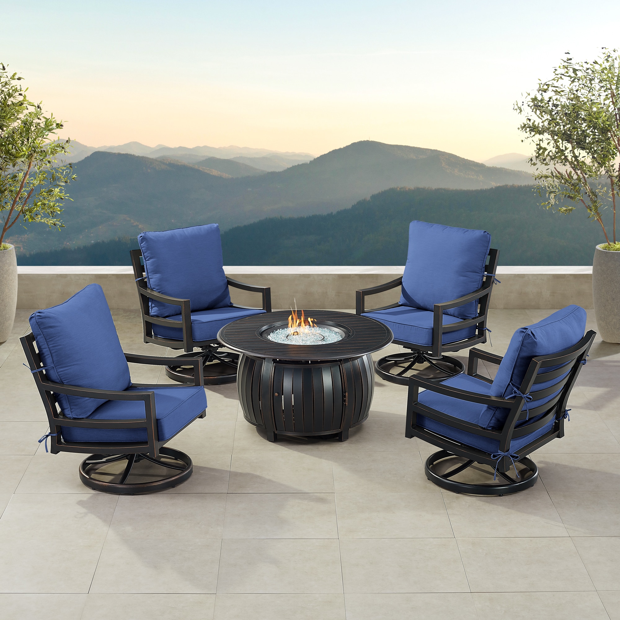 Oakland Living HUDSON4CHITALYBLCU Fire Pit Table Set, Four Lounge Chairs, Wind Guard and Ice Bucket 15 -Piece Patio Conversation Set with Blue Cushions