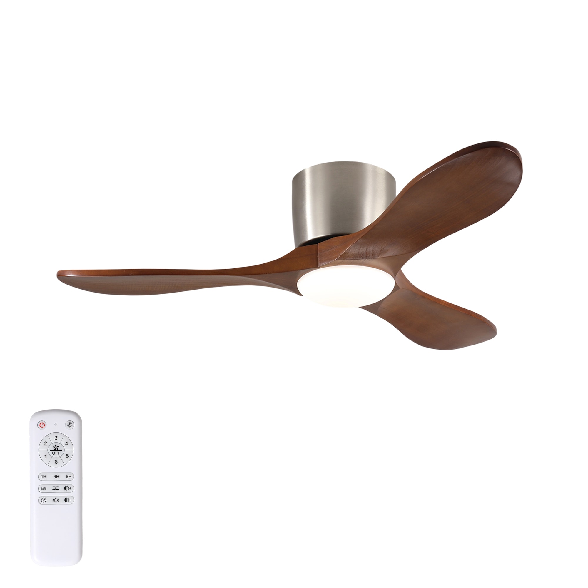 SINOFURN SYB570045BK 42-in Color-Changing Integrated LED Flush Mount Nickel + Brown with Wood Blades Ceiling Fan With Light 3 -Blade )