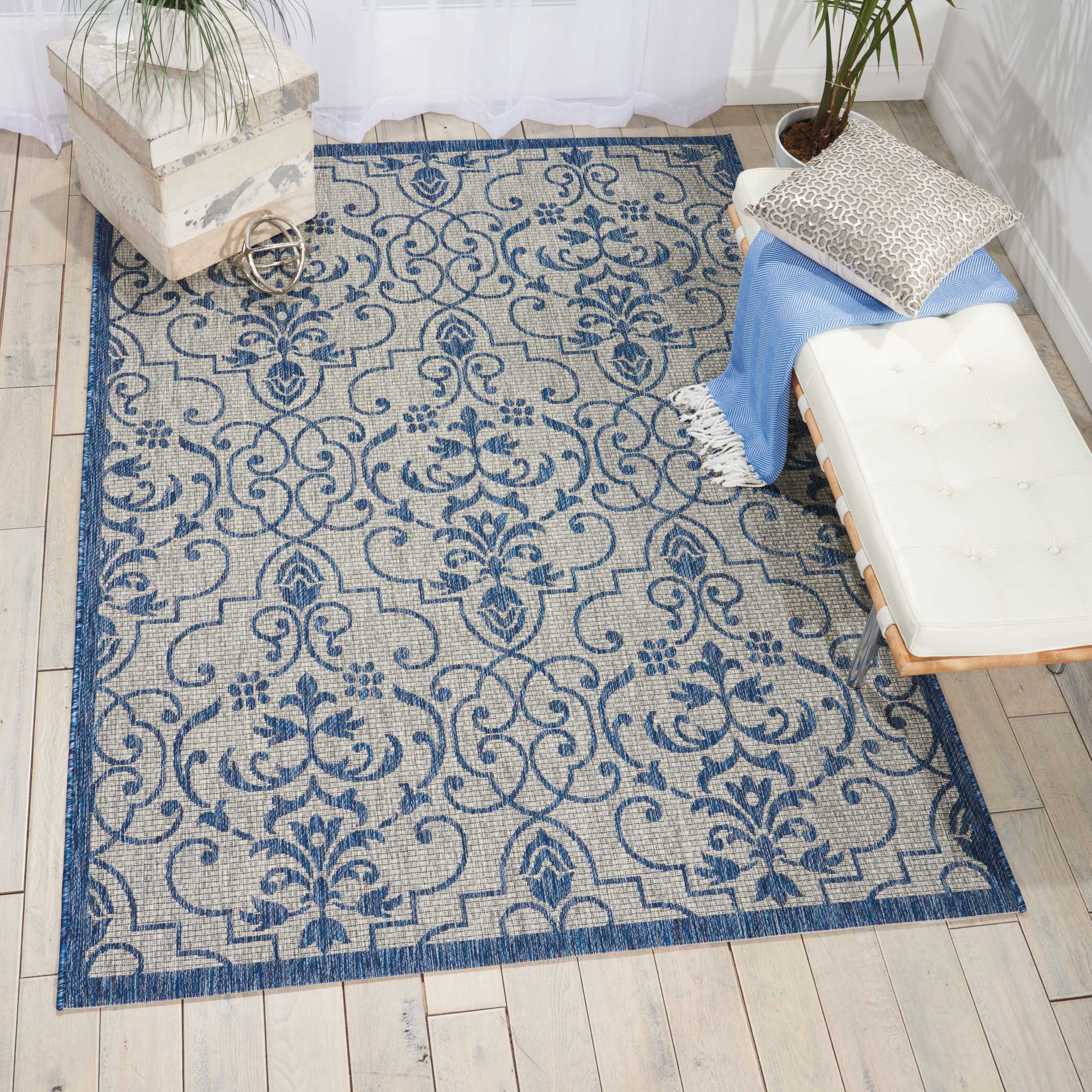 Nourison 99446383501 Garden Party 4 x 6 (ft) Loomed Polypropylene Ivory blue Rectangular Indoor/Outdoor Abstract Area rug