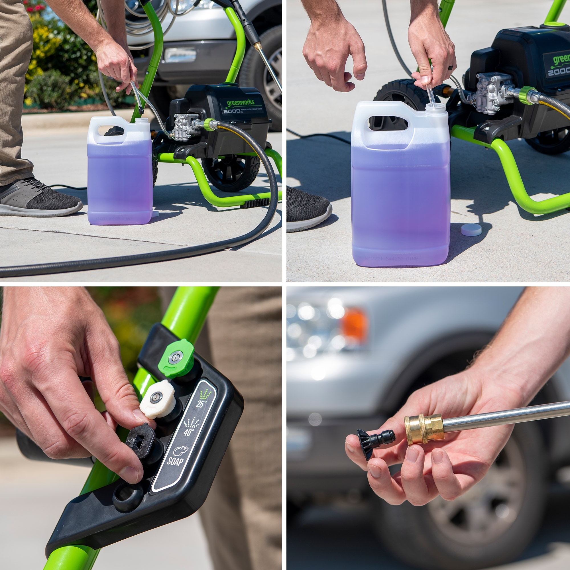  Greenworks 2000 Max PSI @ 1.1 GPM (13 Amp) Electric Pressure  Washer GPW2000-1RB + Greenworks Surface Cleaner Universal Pressure Washer  Attachment 30012 + Greenworks High Pressure Soap Applicator 51362 : Patio,  Lawn & Garden