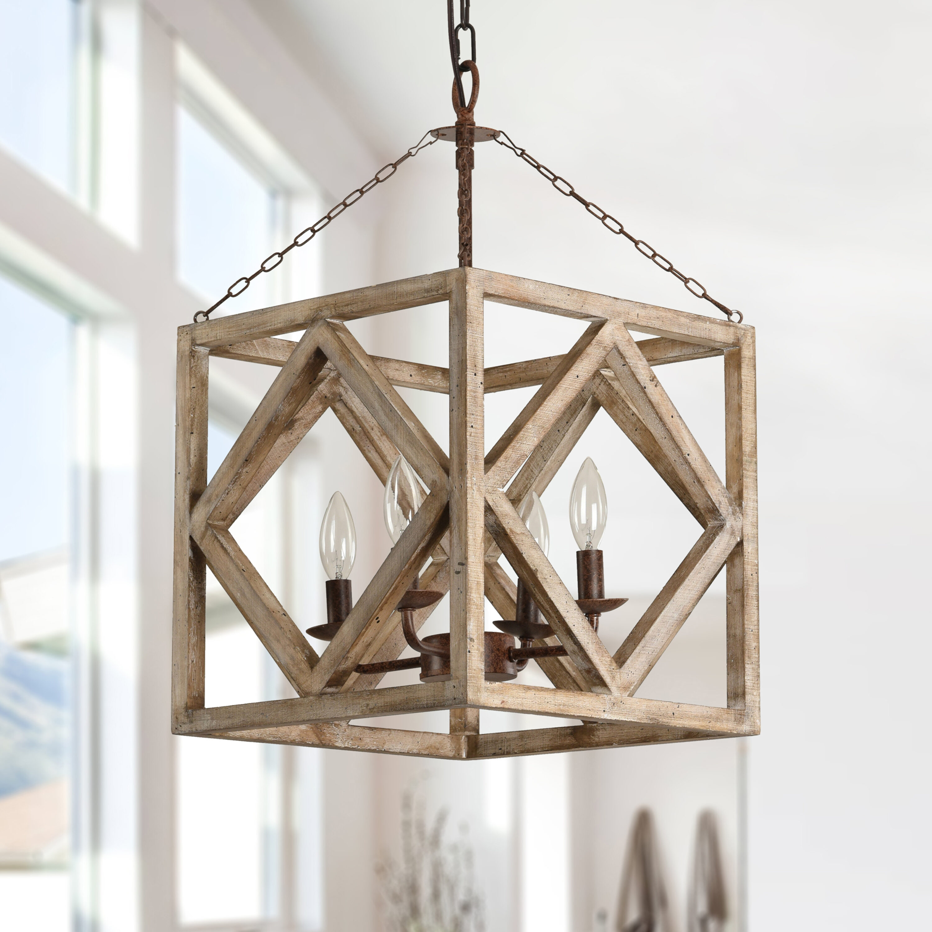 Oaks Decor Farmhouse Wood Chandelier 4 Light Weathered Wood French   62607244 