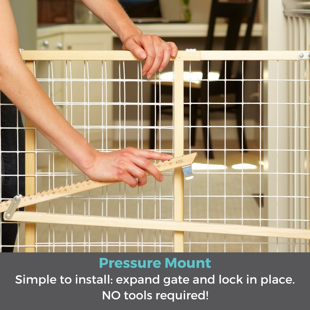 Extra-Wide White Wood and Metal Mesh Baby Gate