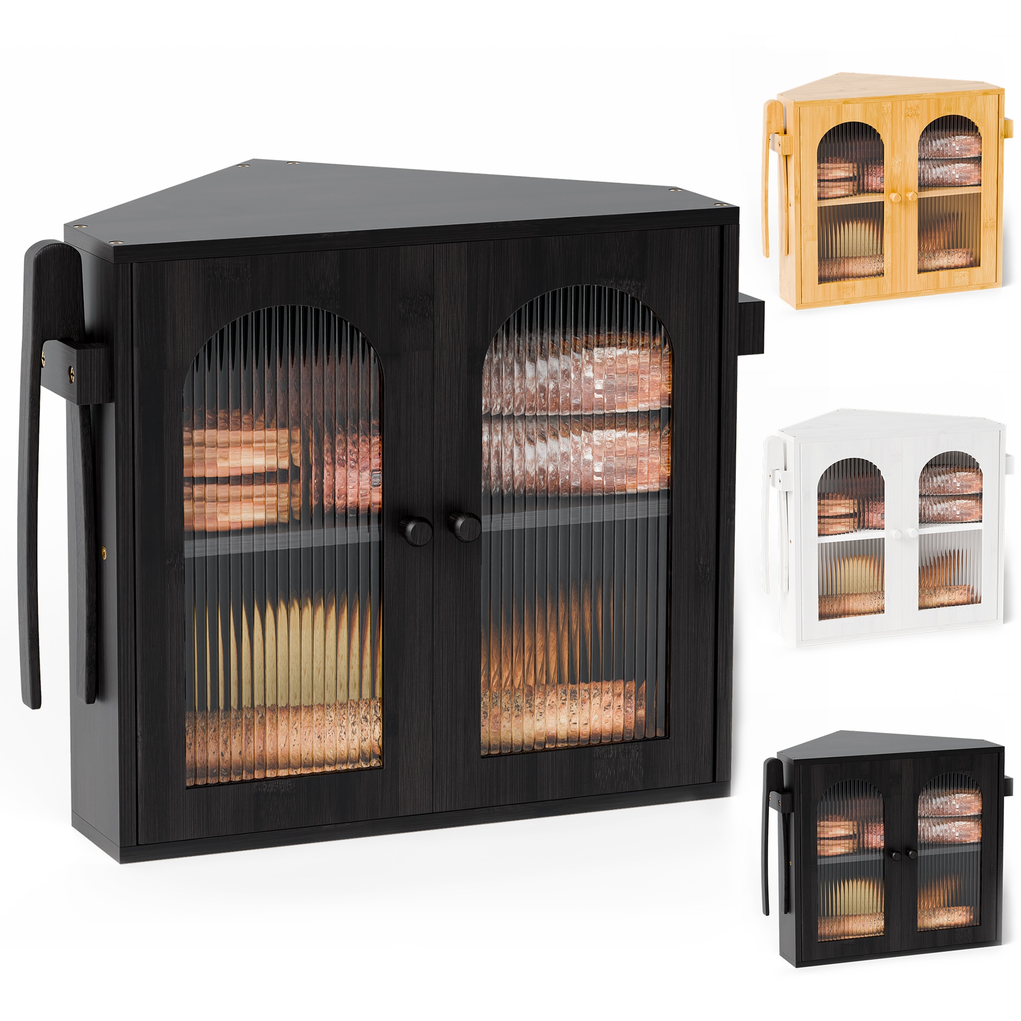 HAUSOURCE - Small Vertical Striped Arch Door Bread Box Black Compact Kitchen Storage Bin with Cle...