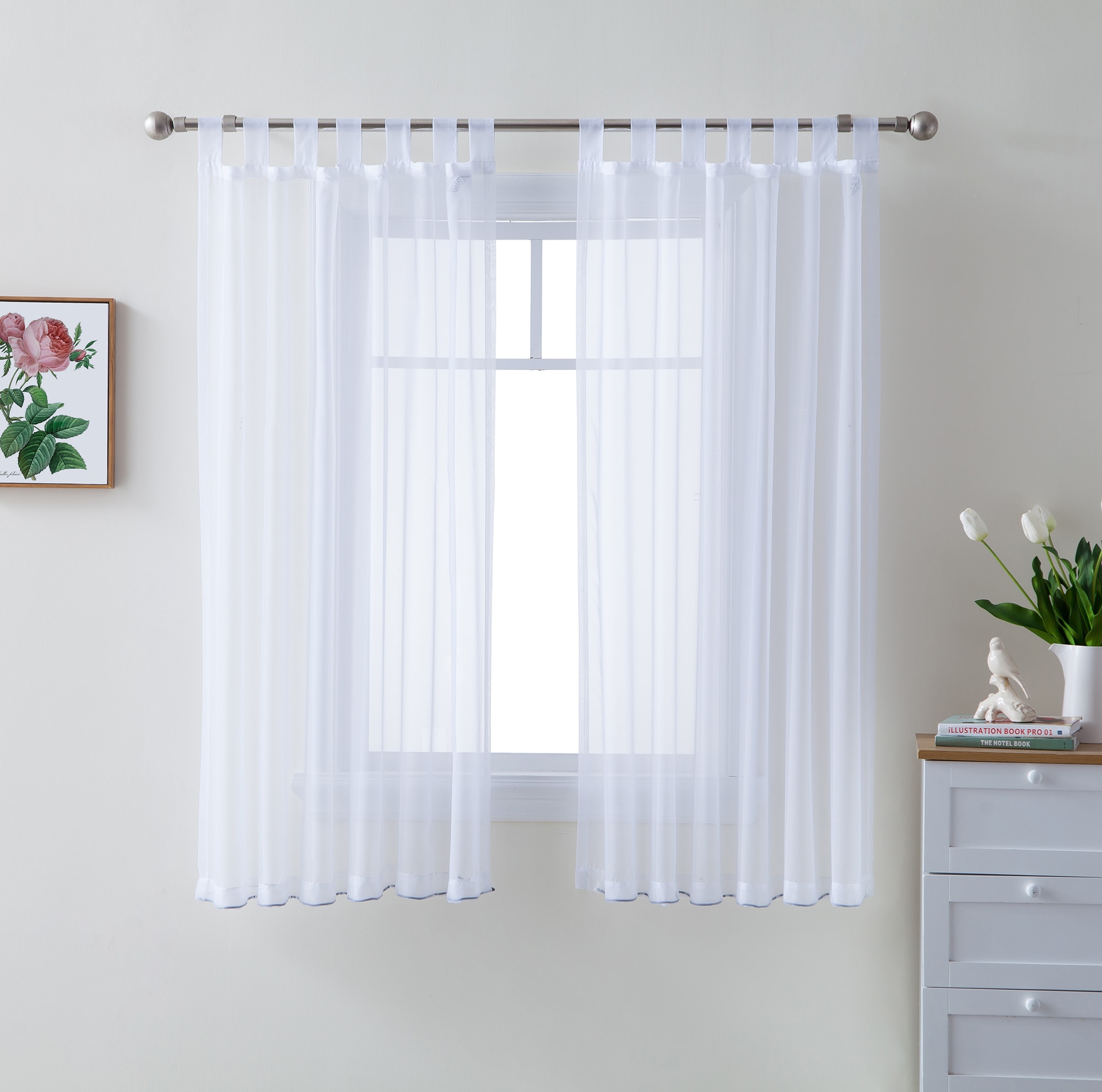 HLC.me SH-TBTP-54WHT 54-Inches White Sheer Top tab Curtain panel pair