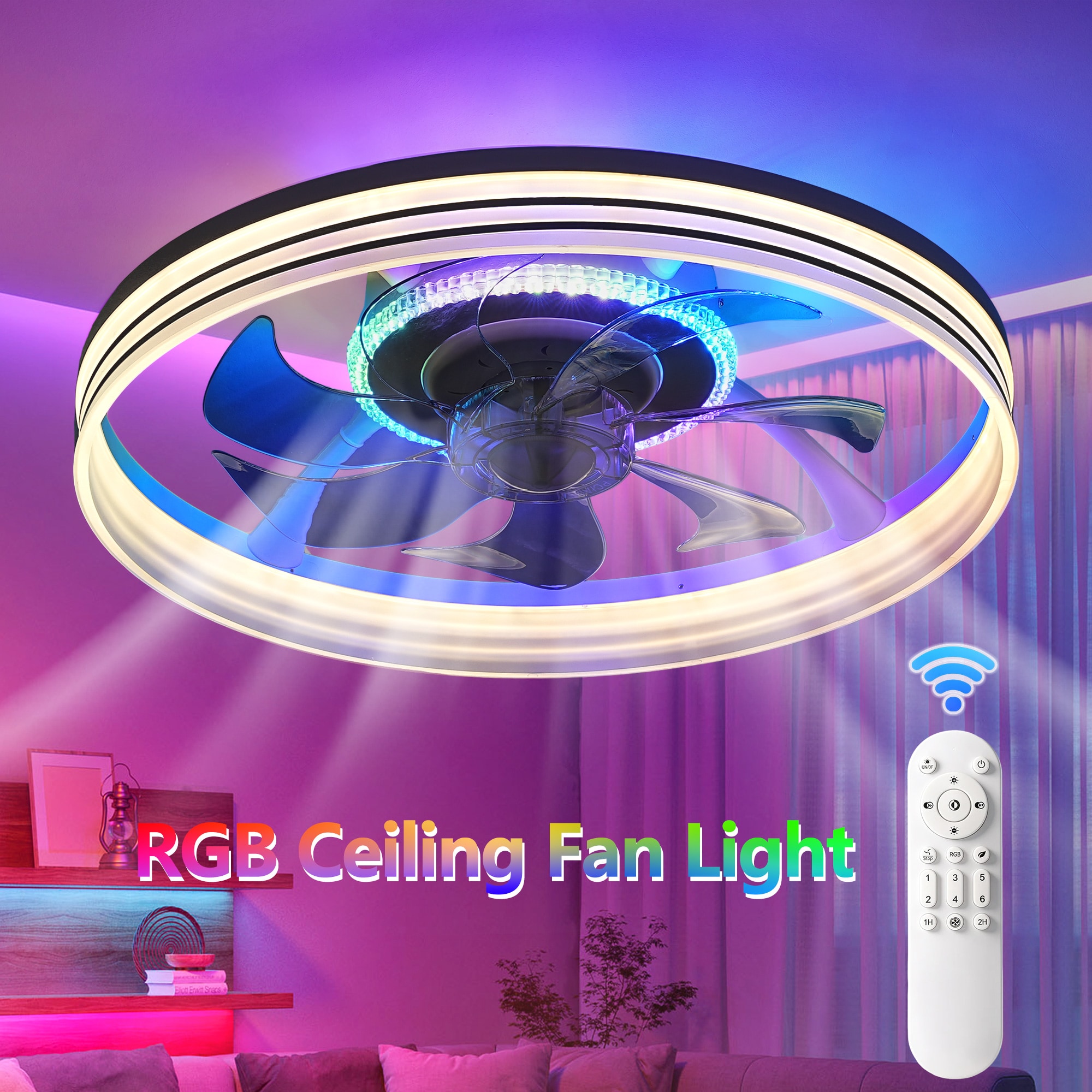 DAKAFUL 19 in. Indoor Modern RGB Black Dimmable Low Profile Flush Mount Ceiling Fan with LED Light and Remote Control