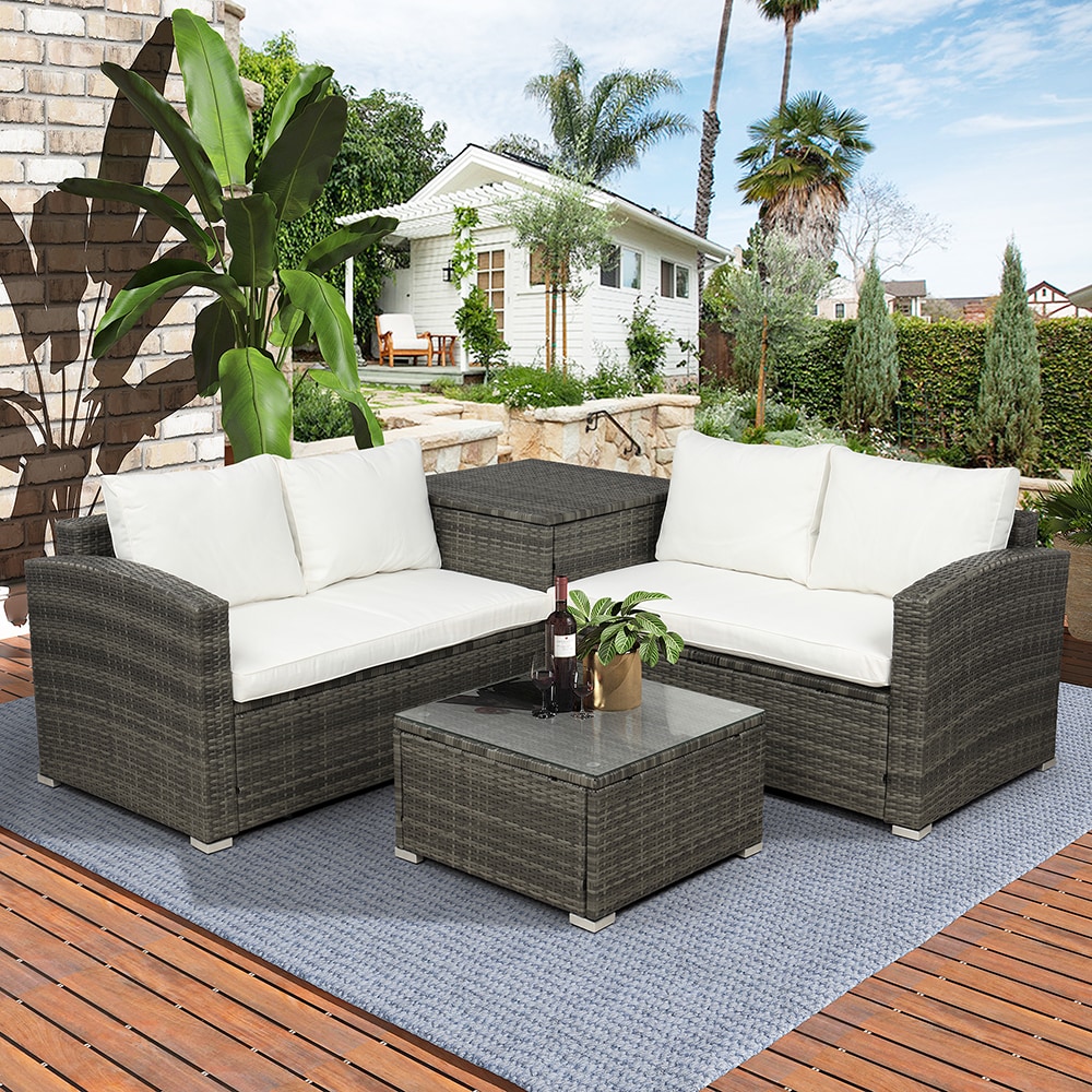 Topcraft PJTC013 Patio Conversation Sets 4 -Piece Rattan Patio Conversation Set with Off-white Cushions