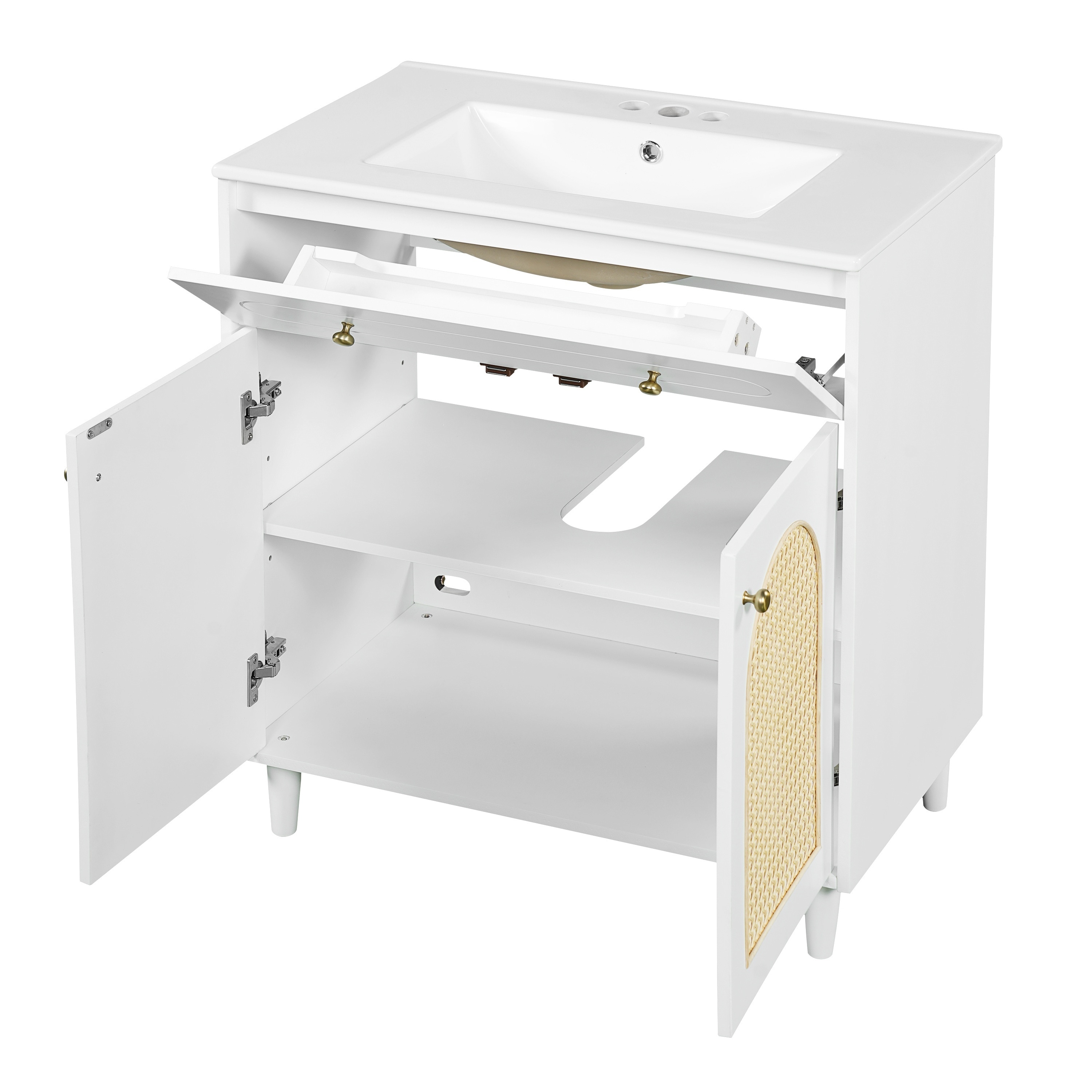 LIVACA - 30 inch White Solid Wood Frame Bathroom Vanity with Ceramic Sink and Adjustable Shelf