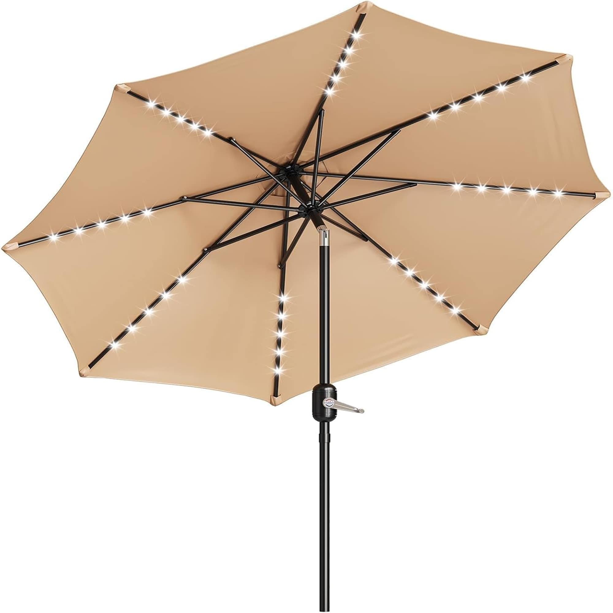Qeetex LSHQQPPG-334VK8LJ 10Ft Patio Umbrella with Solar Lights  Outdoor Table Umbrella with 40 LED Lights and Tilt Crank  Polyester Fabric  Tan