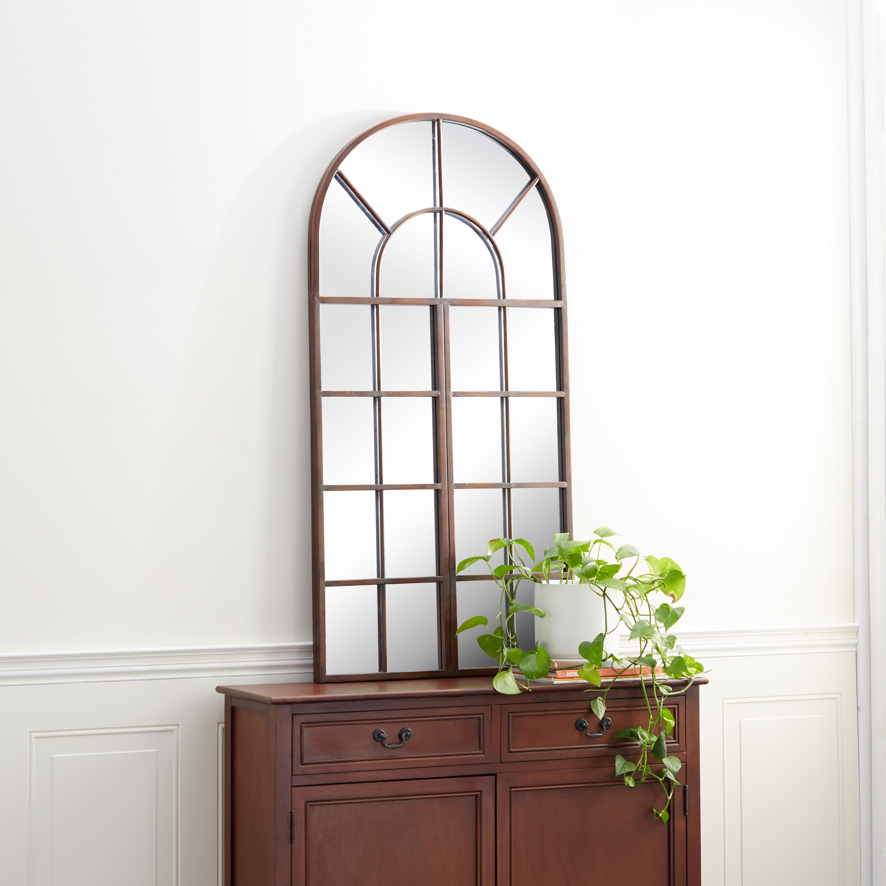 Grayson Lane 53224 24-Inches W x 48.0-Inches H Arch Brown Window Pane Inspired Framed Wall Mirror
