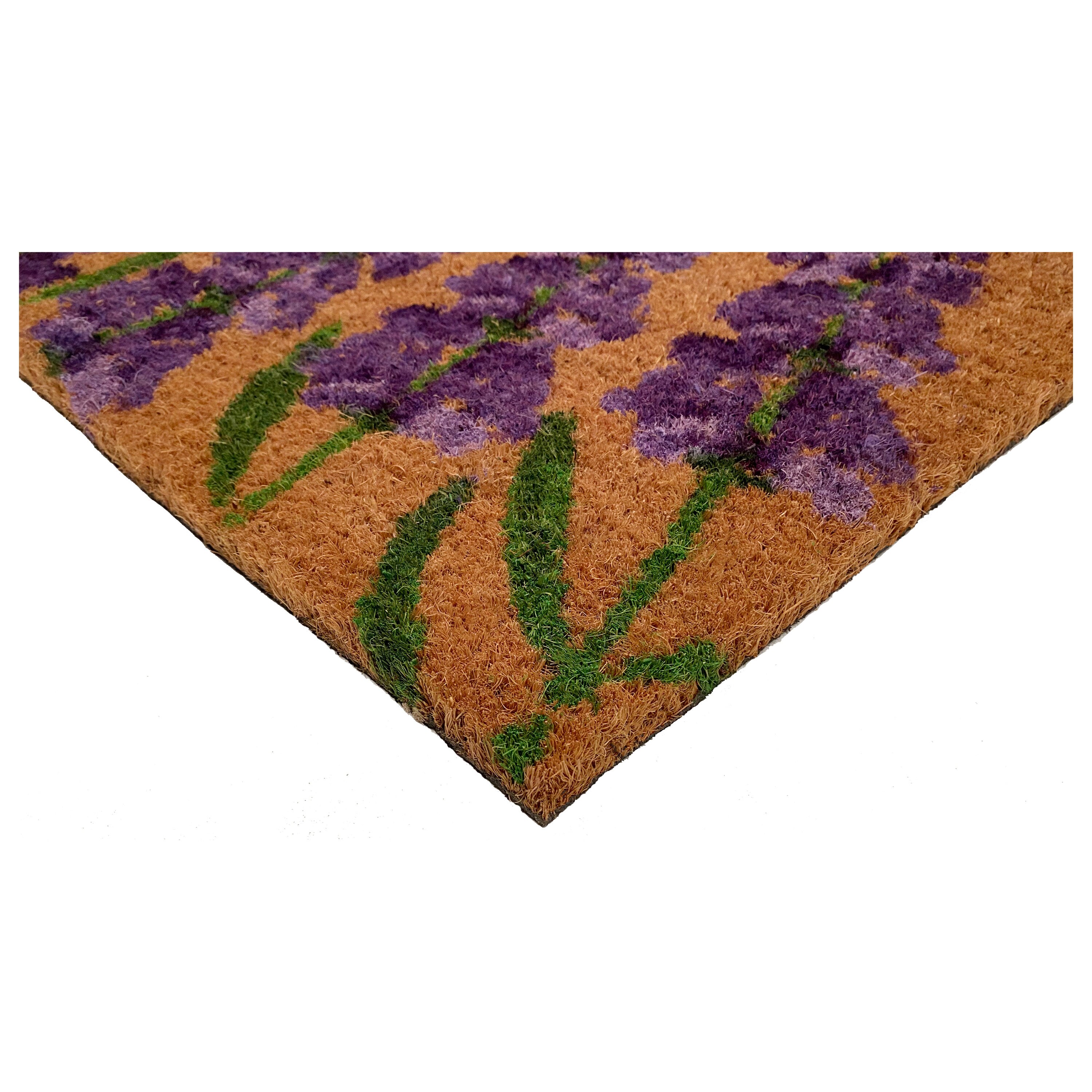 Floral Spring Coir Door Mat for Front Porch, Lavender Flower Outdoor Welcome Mat (30 x 17 inches)