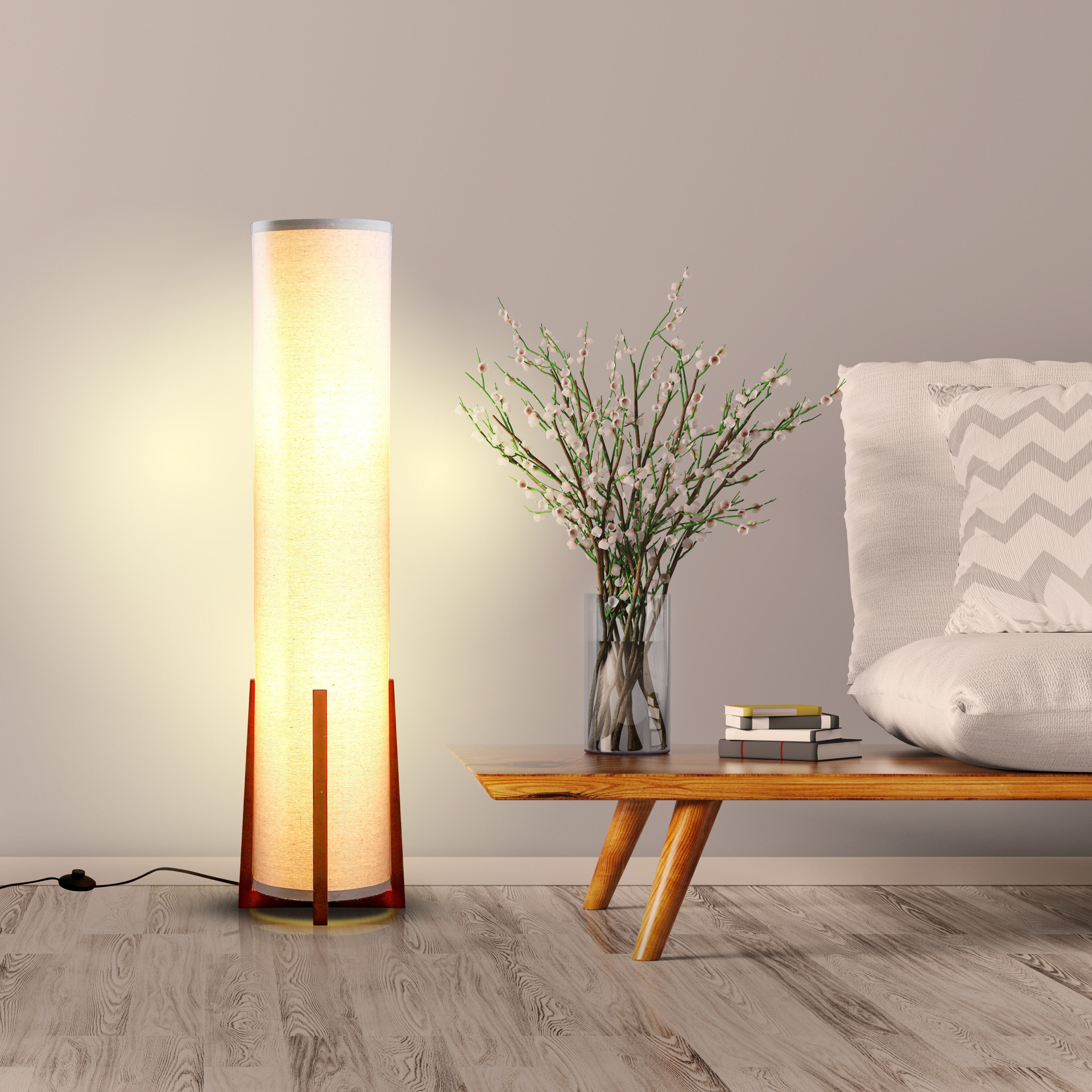 48-Inch White Linen and Wood Floor Lamp with LED