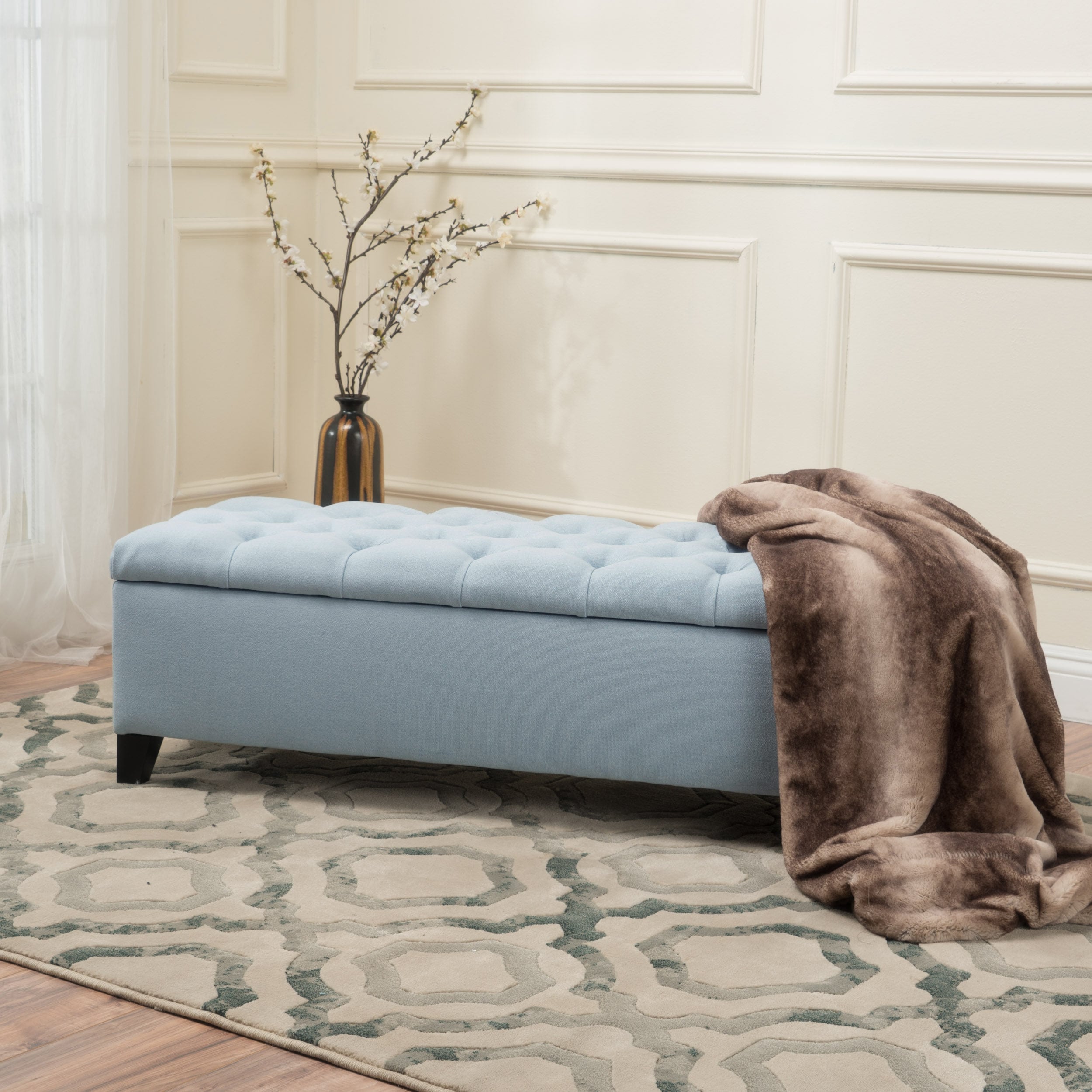 Light Blue Button-Tufted Upholstered Storage Ottoman Bench