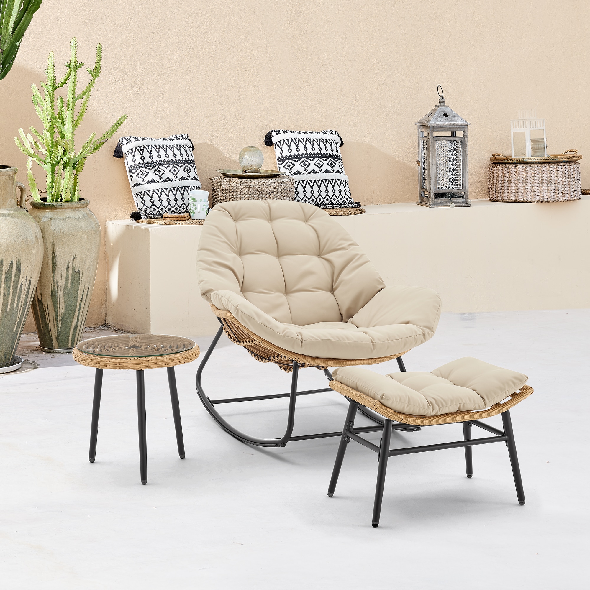 Manhattan Comfort OD-CV024-CR Sunnyside 3 -Piece Patio Conversation Set with Off-white Cushions