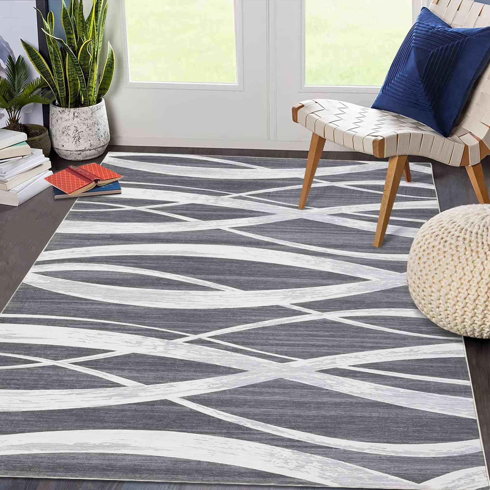 Garvee YXY-LO-PHO-146XFWVF 5 x 7 (ft) Loomed Polyester Dark Gray Rectangular Indoor Abstract Mid-Century Modern Machine washable Area rug