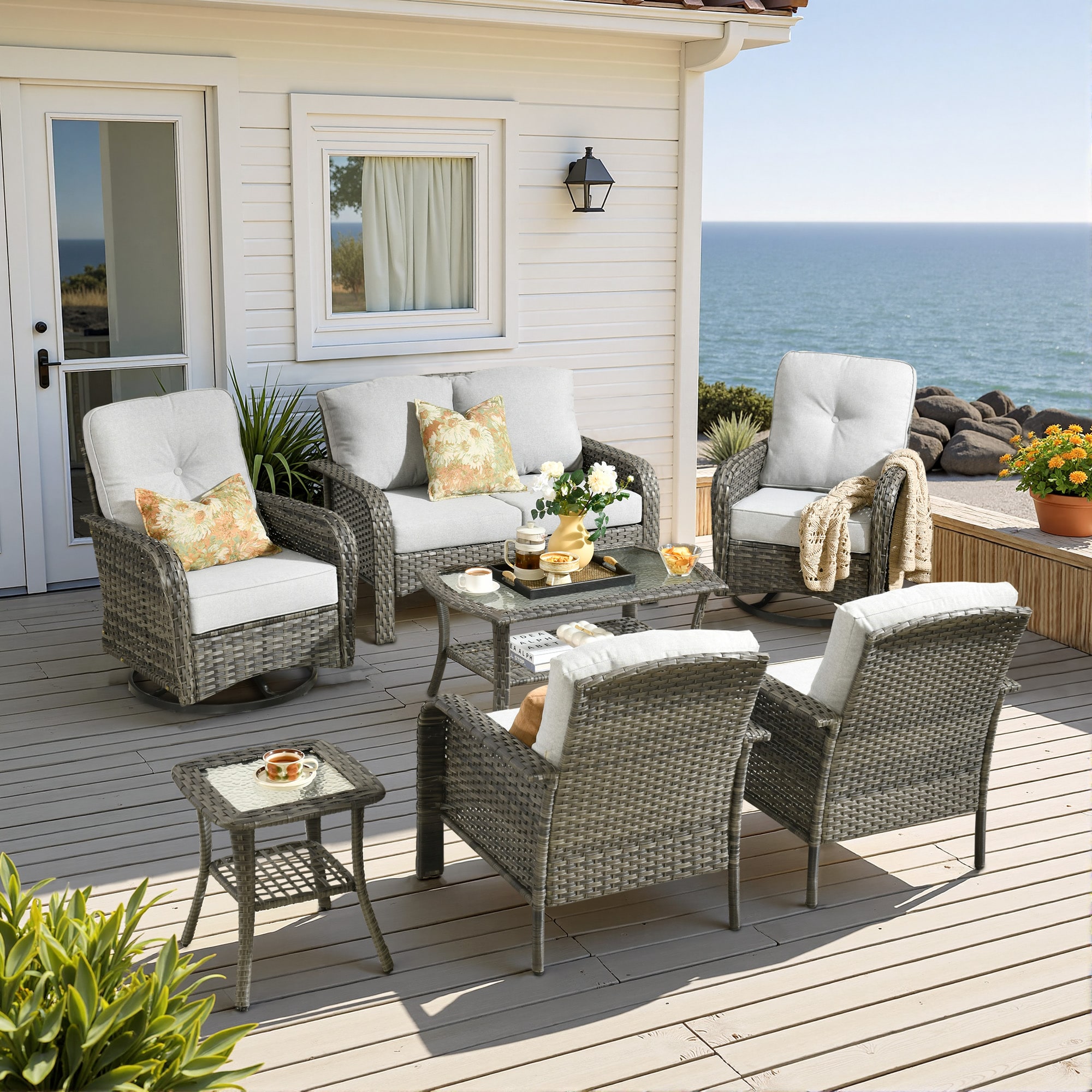 Ovios GN407Y 7 -Piece Rattan Patio Conversation Set with Light Gray Cushions