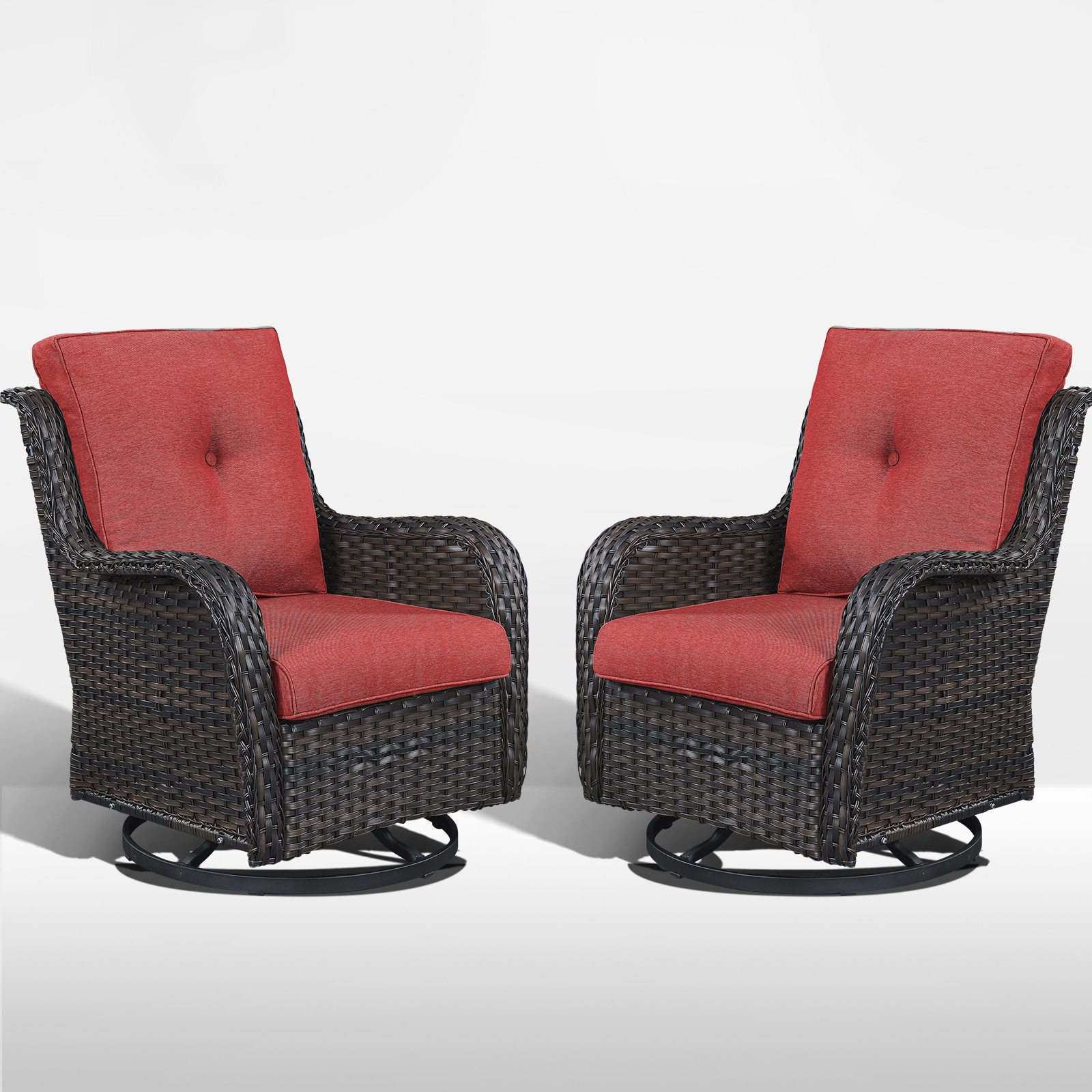 Rilyson FS023-5 Curved handrail Set of 2 Wicker Brown Wicker Frame Swivel glider Conversation Chair with Red Red Cushioned Seat