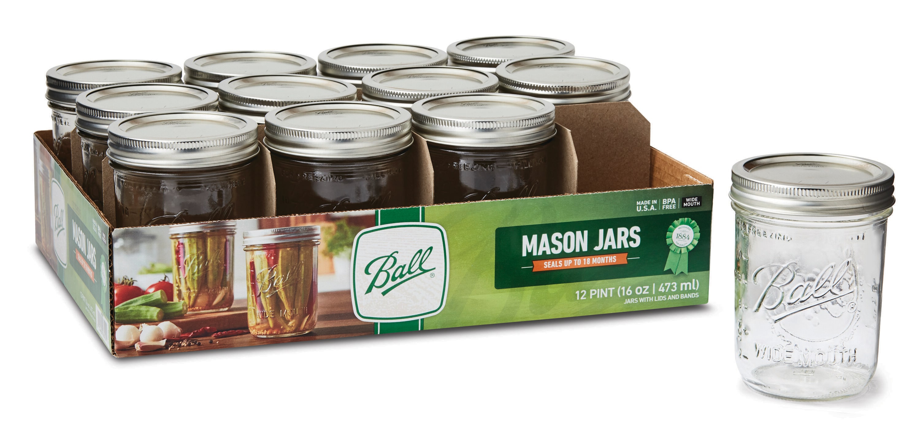 Ball Wide Mouth 12-Pack-Pint Glass BPA-free Reusable Canning Jar