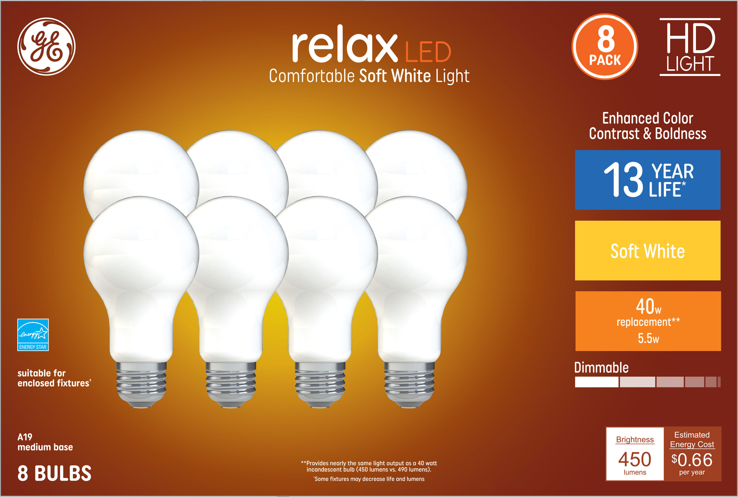 GE Relax 8 Pack 40 W Equivalent Dimmable Warm White A19 LED Light Fixture Light Bulbs 44898