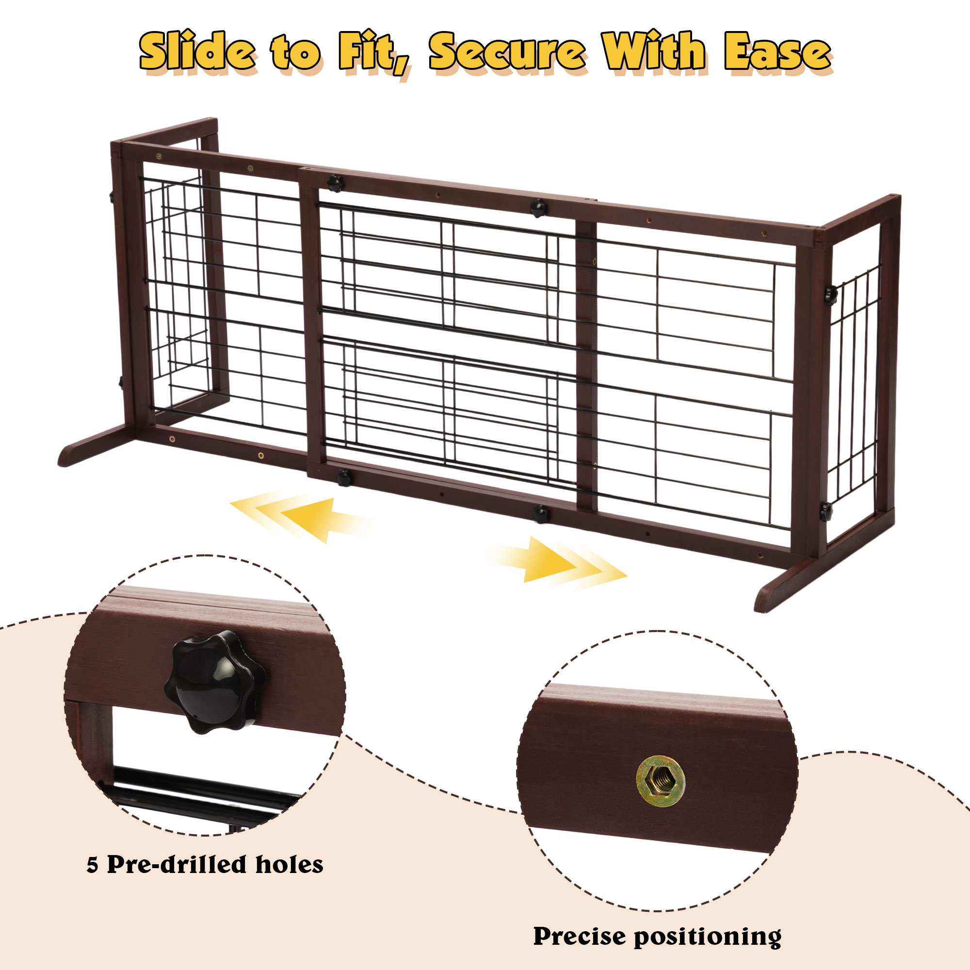 Expandable Brown Solid Wood Freestanding Pet Gate with Wire Mesh