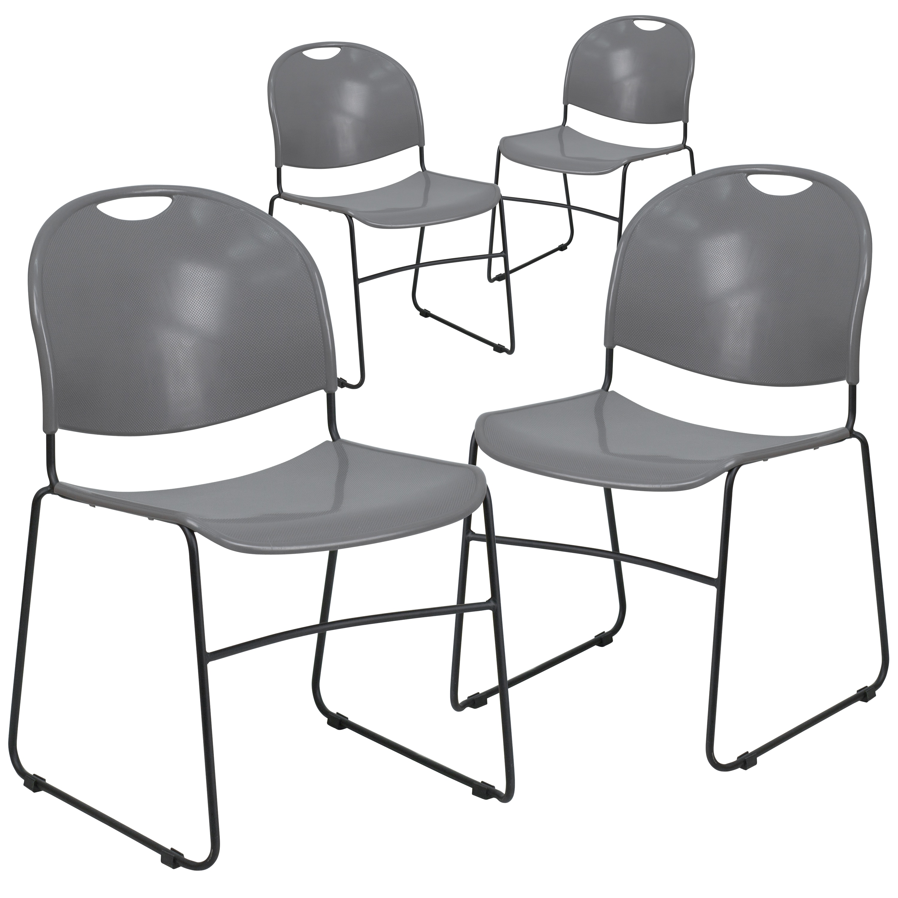 Flash Furniture 812581010220 4 Pack HERCULES Series 880 lb Capacity Gray Ultra-Compact Stack Chair with Black Powder Coated Frame