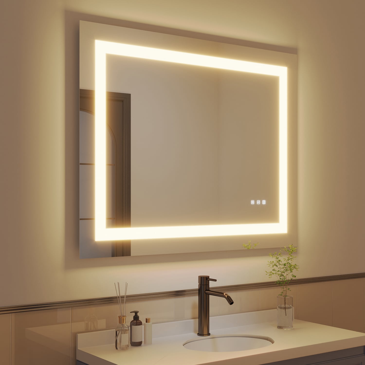 waterpar WPLO-2228 Frontlit 40-in x 32-in Polished Frameless Rectangle Dimmable Lighted Fog Free Bathroom Vanity Mirror ( Clear )