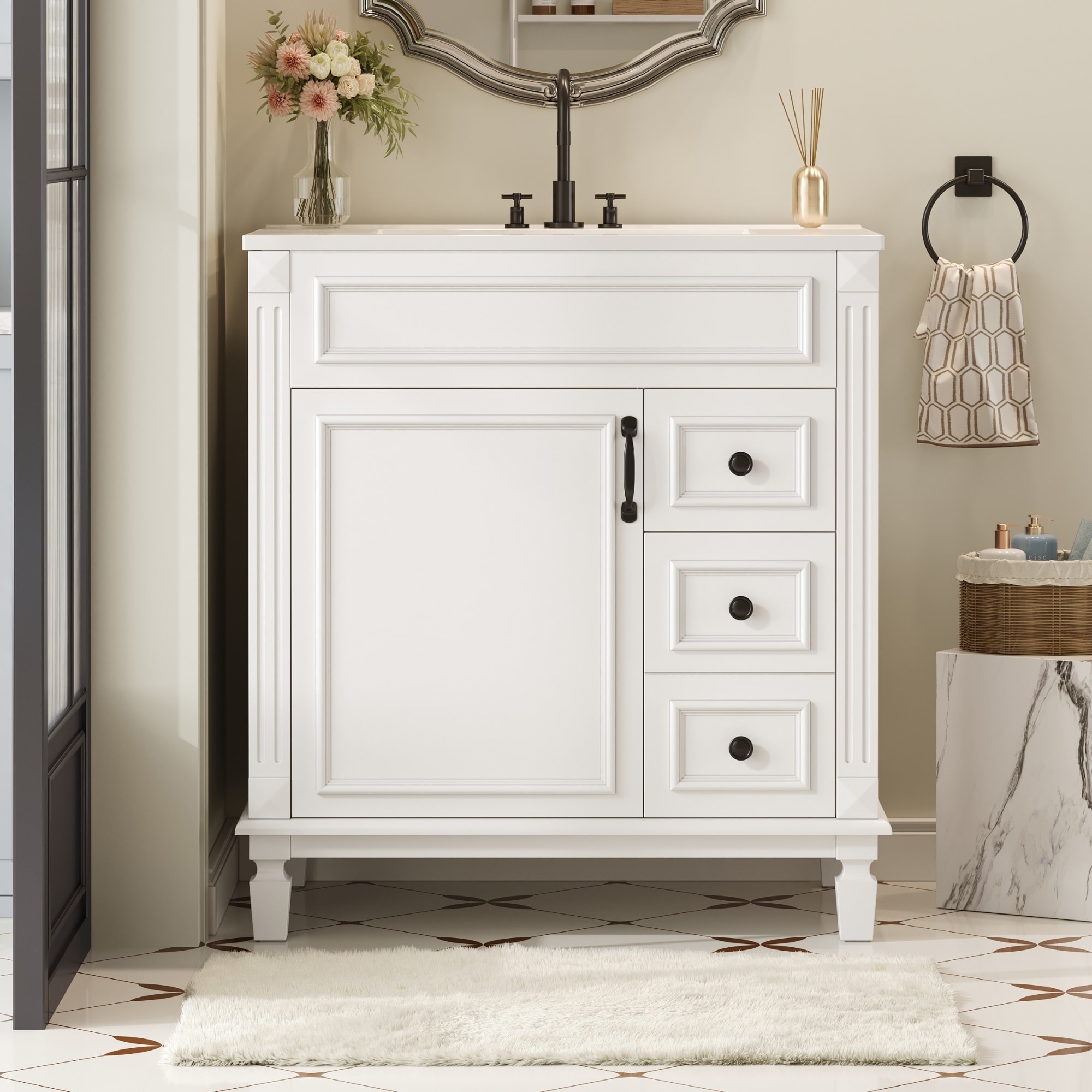 Vynxaria - 30-in White Single Sink Bathroom Vanity with Top