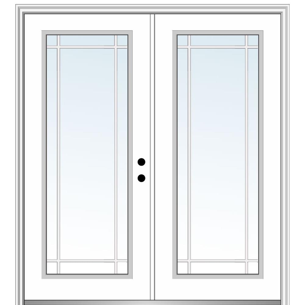 MMI DOOR ZZ29560L 72-in x 80-in x 6-9/16-in Fiberglass Full lite Left-hand inswing Primed Prehung Double Front Door with Brickmould Insulating core with Grilles