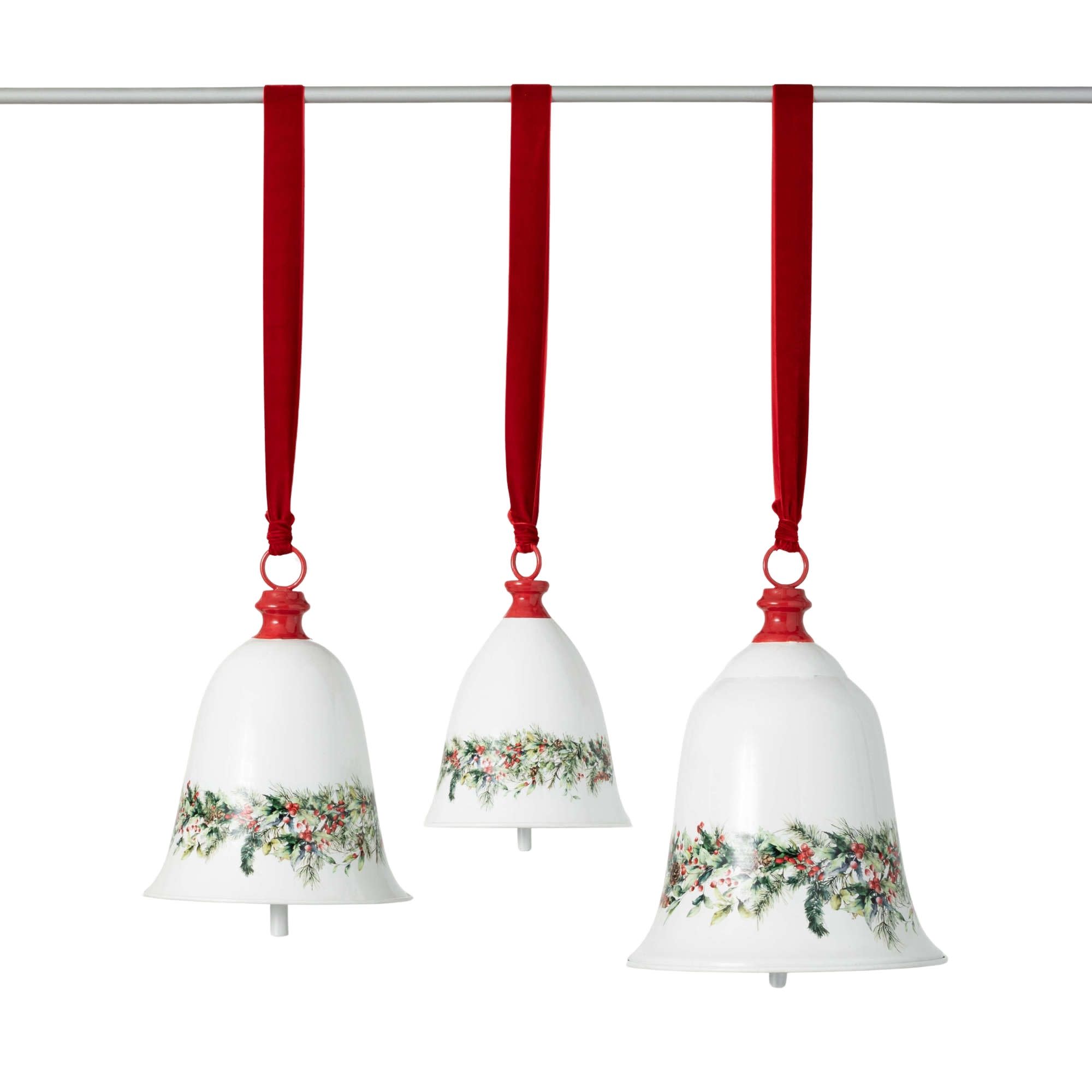 White and Red Metal Christmas Bell Ornament Set, 3 Pieces
