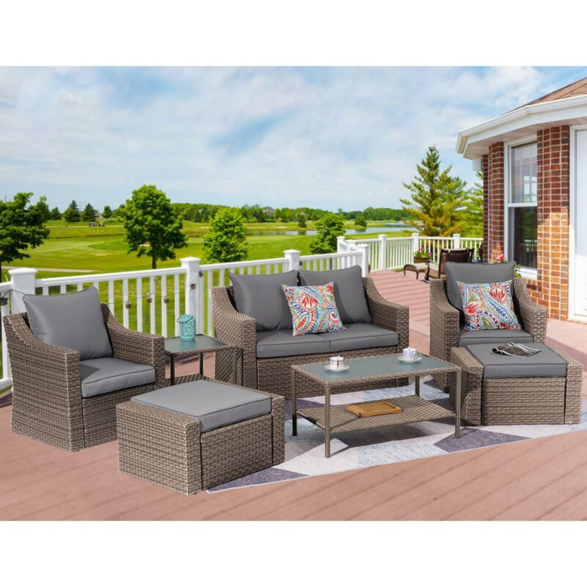 Siavonce Rattan Outdoor Sectional with Gray Cushions and