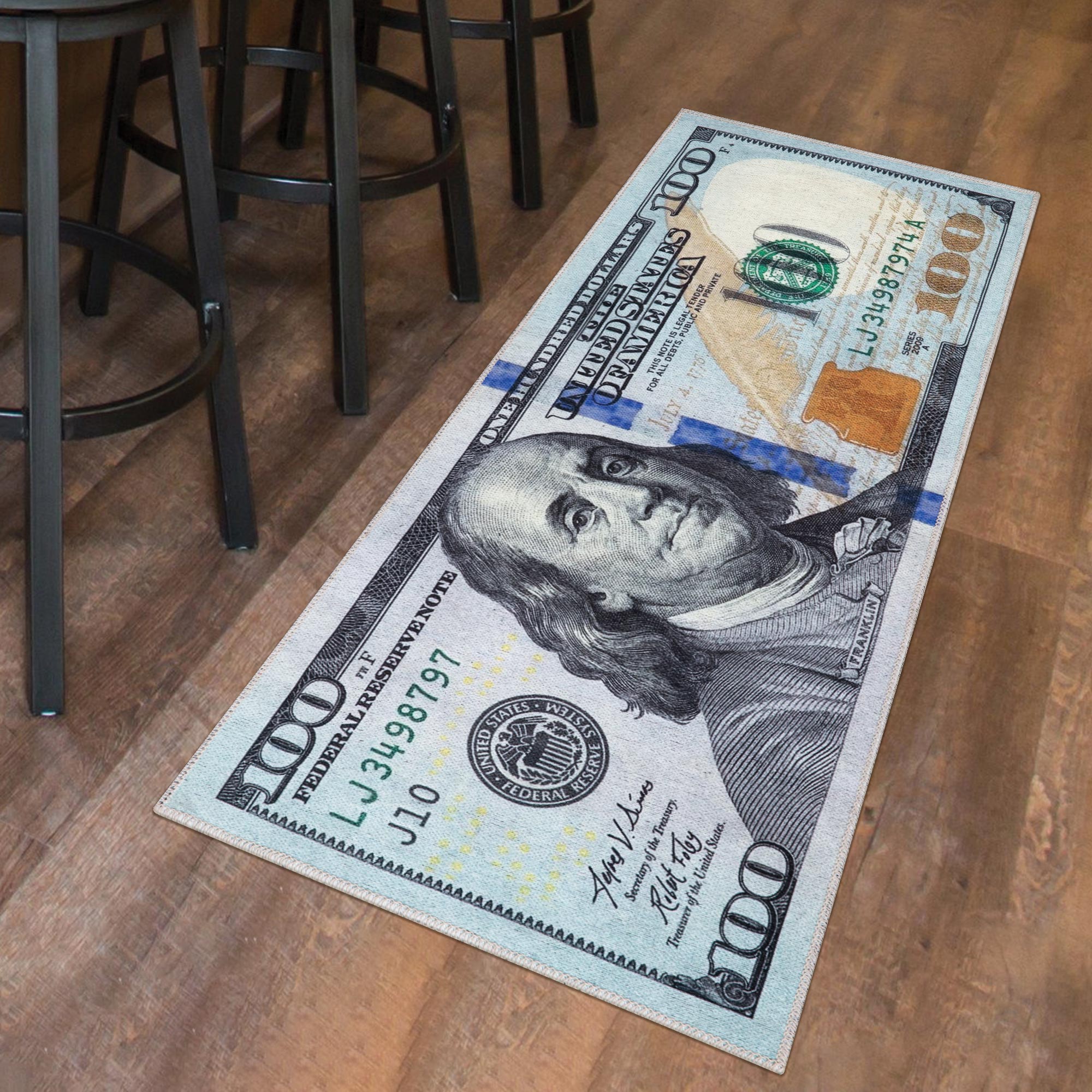 Ottomanson MNY5112-22X53 100 Dollar Bill Money 2 x 4 (ft) Flatweave Cotton/Polyester Multicolor 5112 Rectangular Indoor Abstract Machine washable Runner rug