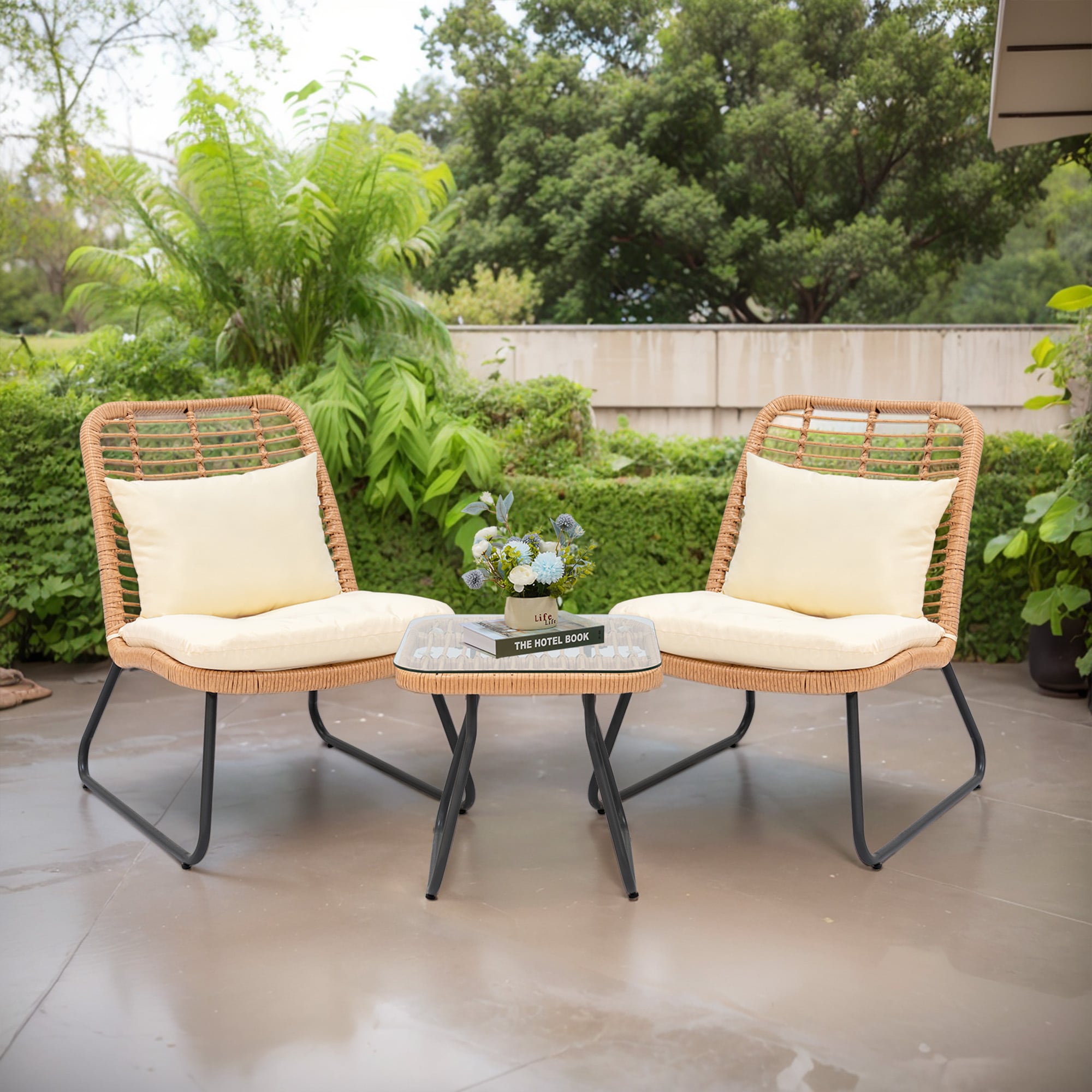 Grearden PYWWNF001-BG 3 -Piece Rattan Patio Conversation Set with Off-white Cushions